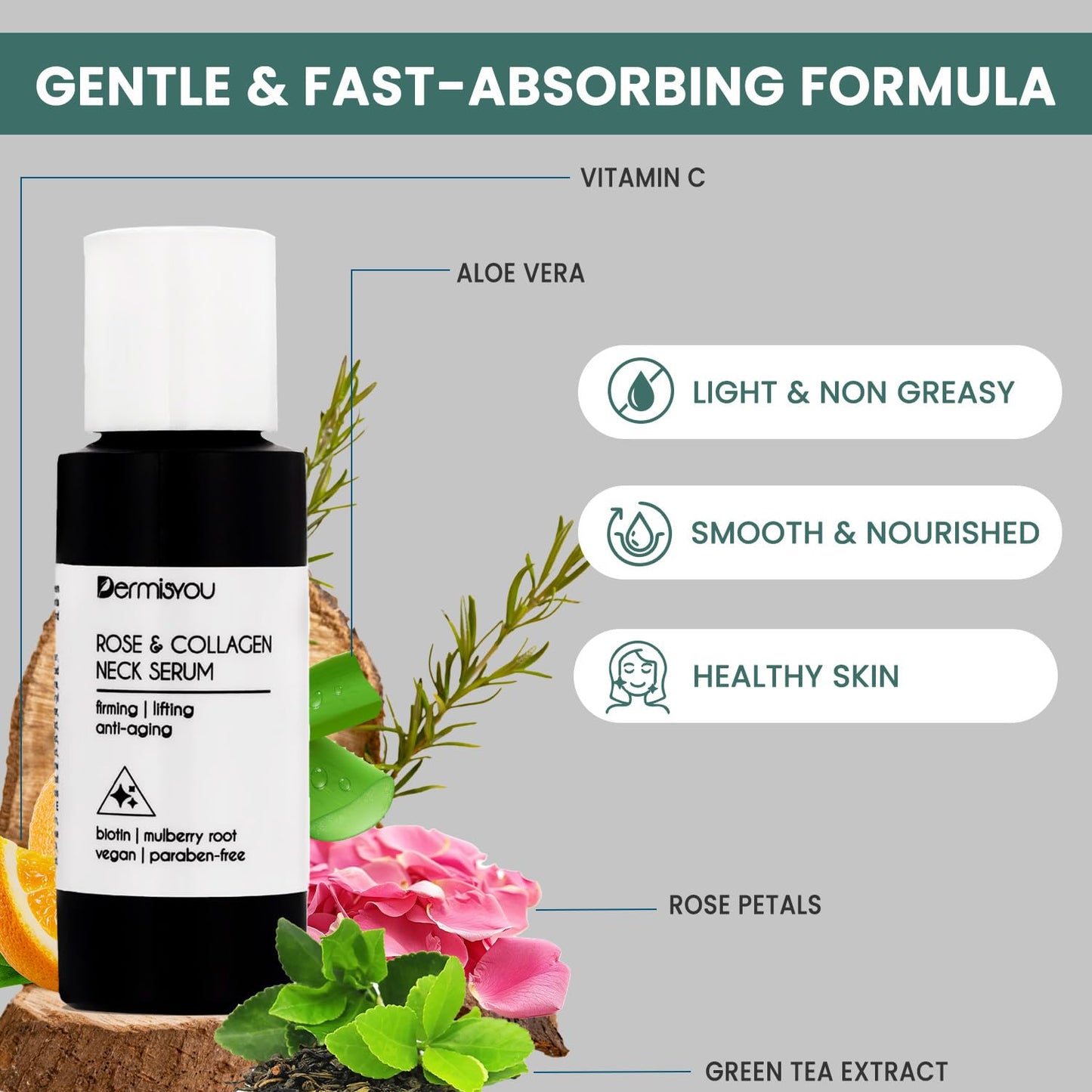 Anti-wrinkle Neck Serum with Rose Water & Collagen | Vitamin C & E, Mulberry Root, Biotin | Neck Skin Tightening, Firming, Lifting, Moisturizing | Beauty & Personal Care Dermisyou