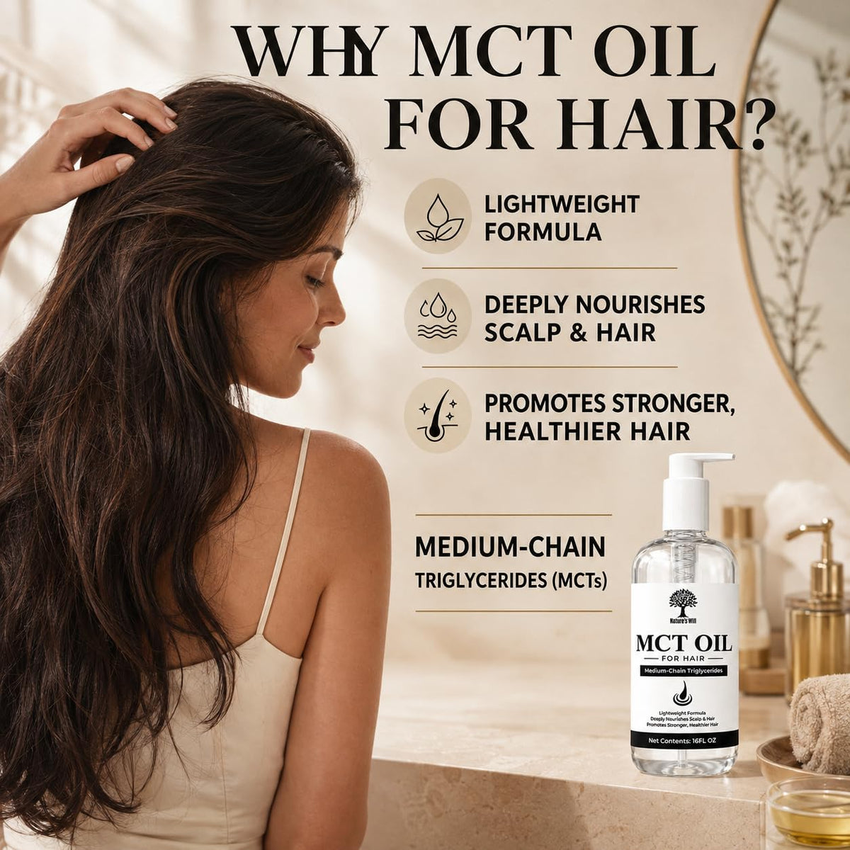 Nature's Will Organic MCT Oil for Hair, Extracted from Organic Coconut Oil, Medium-Chain Triglycerides Hair Oil, 16 Fl Oz (Pack of 2)