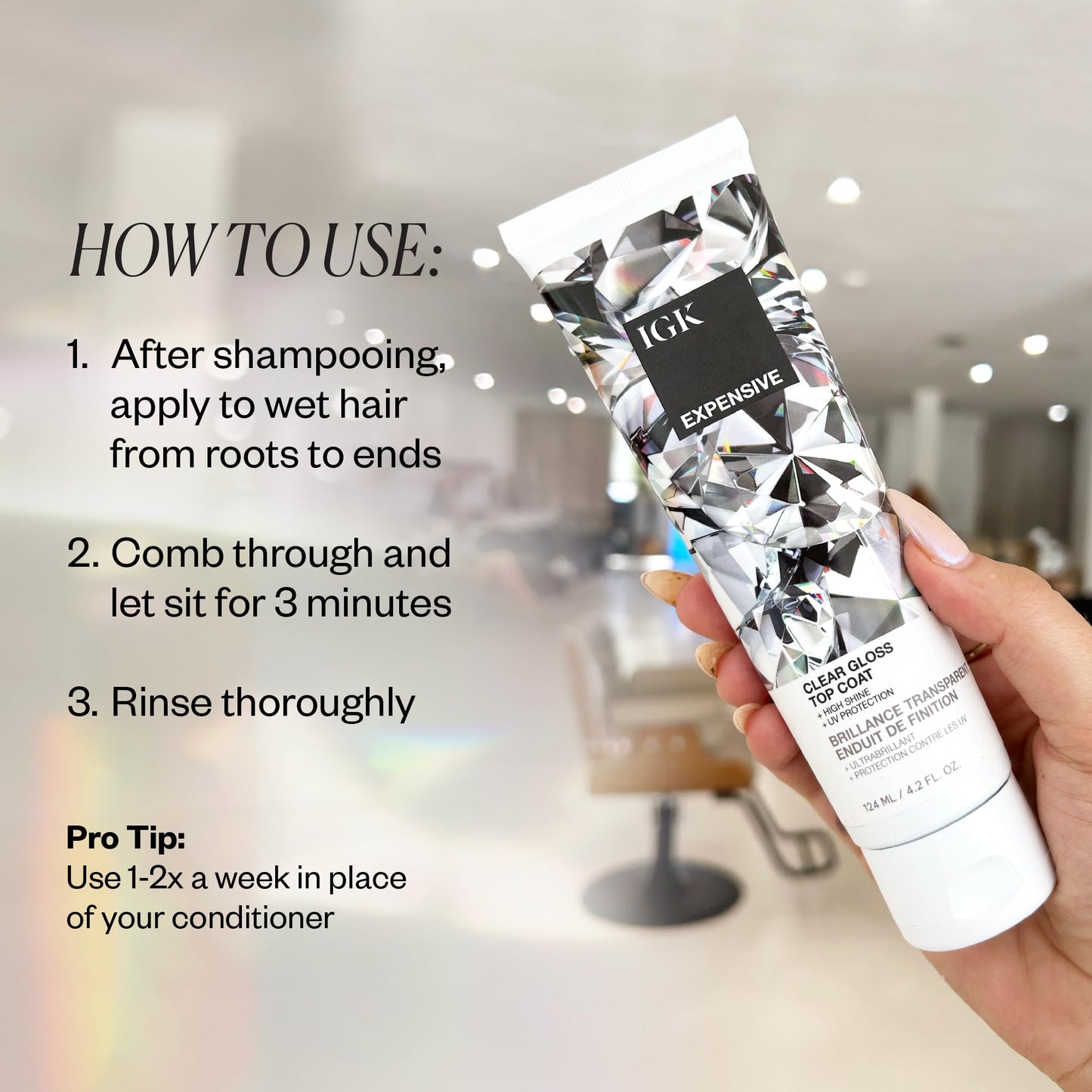 IGK EXPENSIVE Clear Gloss Top Coat | High Shine Gloss Treatment for Soft, Smooth Glass Hair | Revives Color-Treated Hair and Helps Control Frizz | 4.2 Beauty & Personal Care IGK