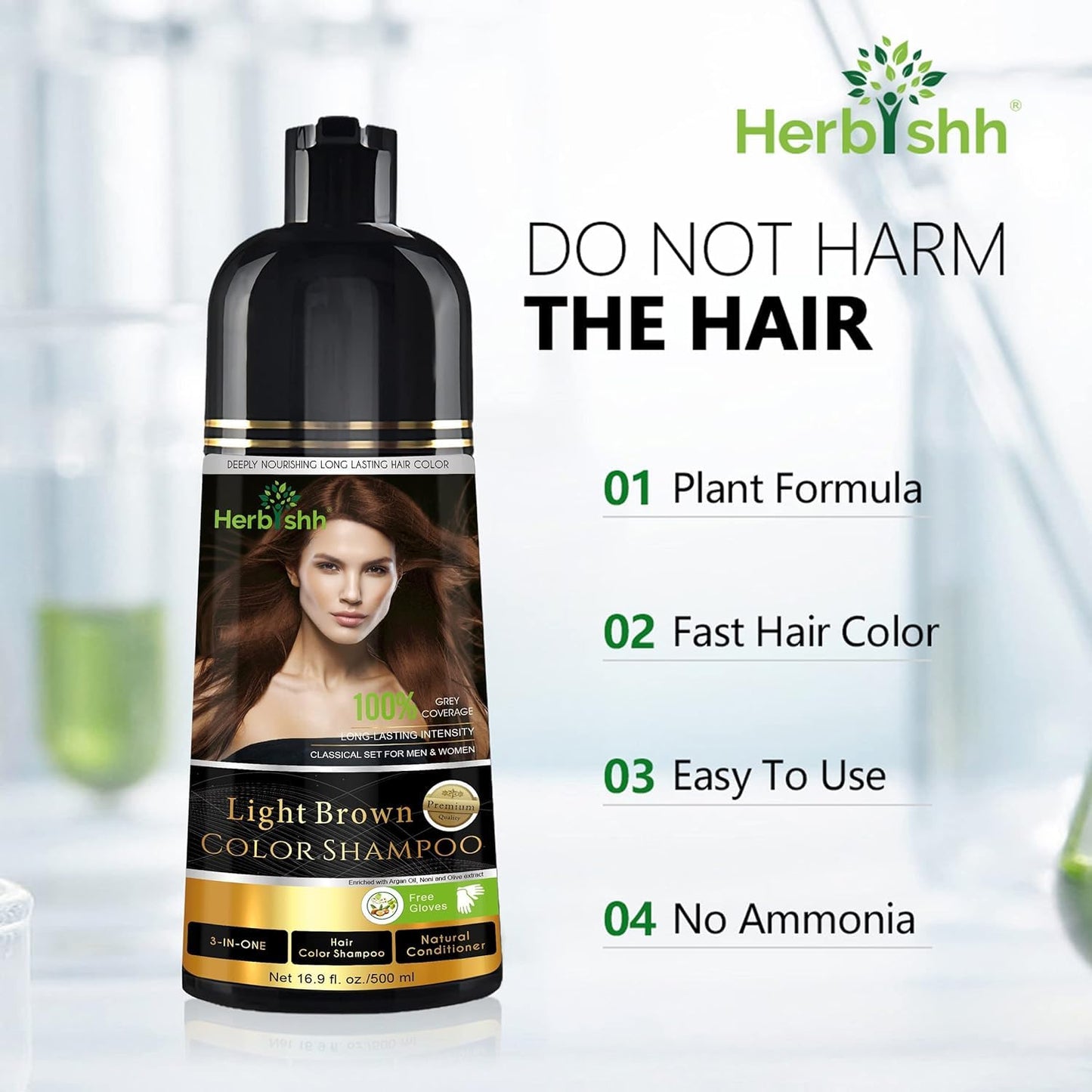 Herbishh Color Shampoo for Gray Hair Coverage (Light Brown) -Hair Dye 3-in-1 Shampoo- Colors in Minutes - Lasts Up To 2-3 Weeks - 500 mL - Ideal Beauty and Personal Care Herbishh