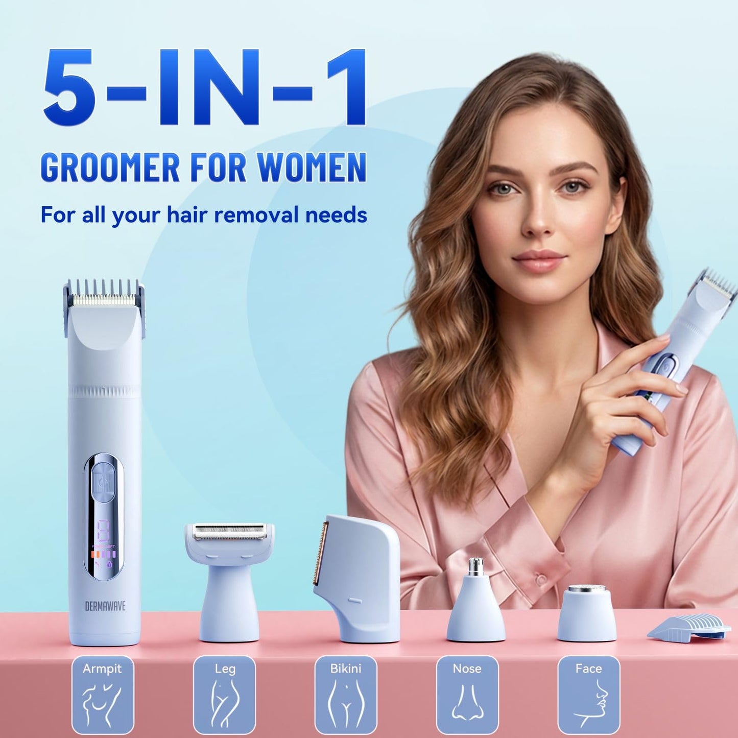 DERMAWAVE 5-in-1 Electric Bikini Trimmer for Women Pubic Hair, Waterproof Electric Razor Foil Shaver Hair Trimmer Epilator for Face, Nose, Ear, Bikini Beauty and Personal Care DERMAWAVE