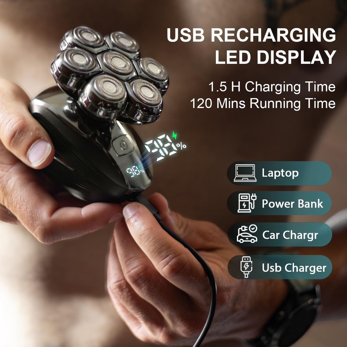 Head Shavers for Bald Men: 7D Floating Electric Razor with Magnetic Removable Head, IPX7 Waterproof Shaver, LED Display & Type-C Fast Charging (Taupe) Beauty and Personal Care Cyruzi