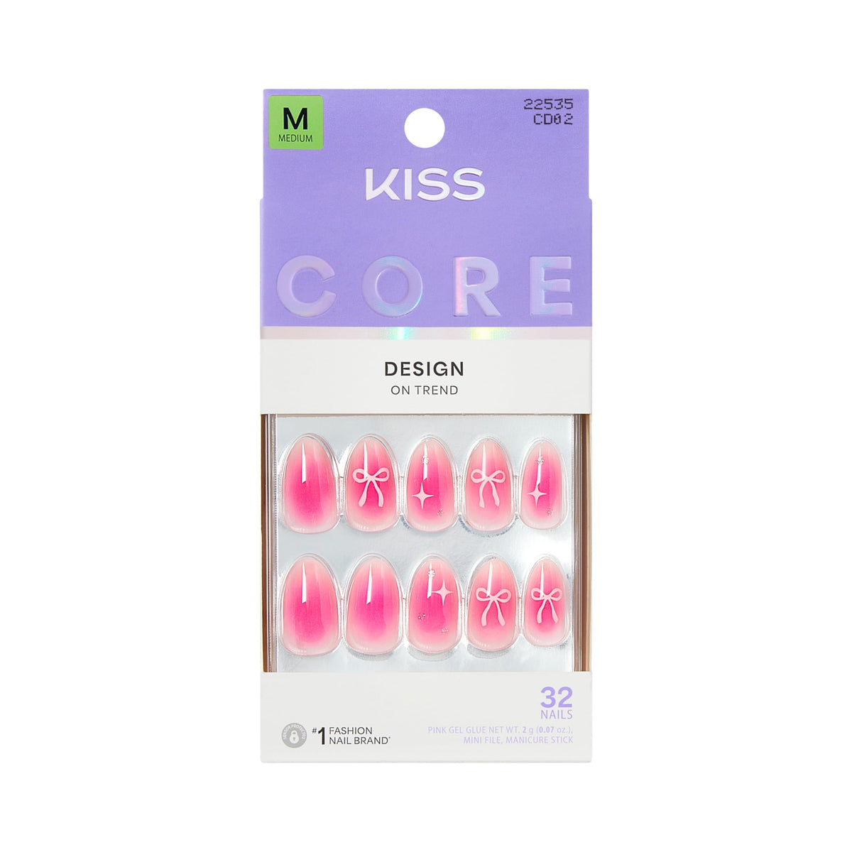 Kiss Core, Press On Nails, Nail glue included, 'My Time', Pink, Medium Size, Almond Shape, Includes 32 Nails, 2g Glue, 1 Manicure Stick, 1 Mini File