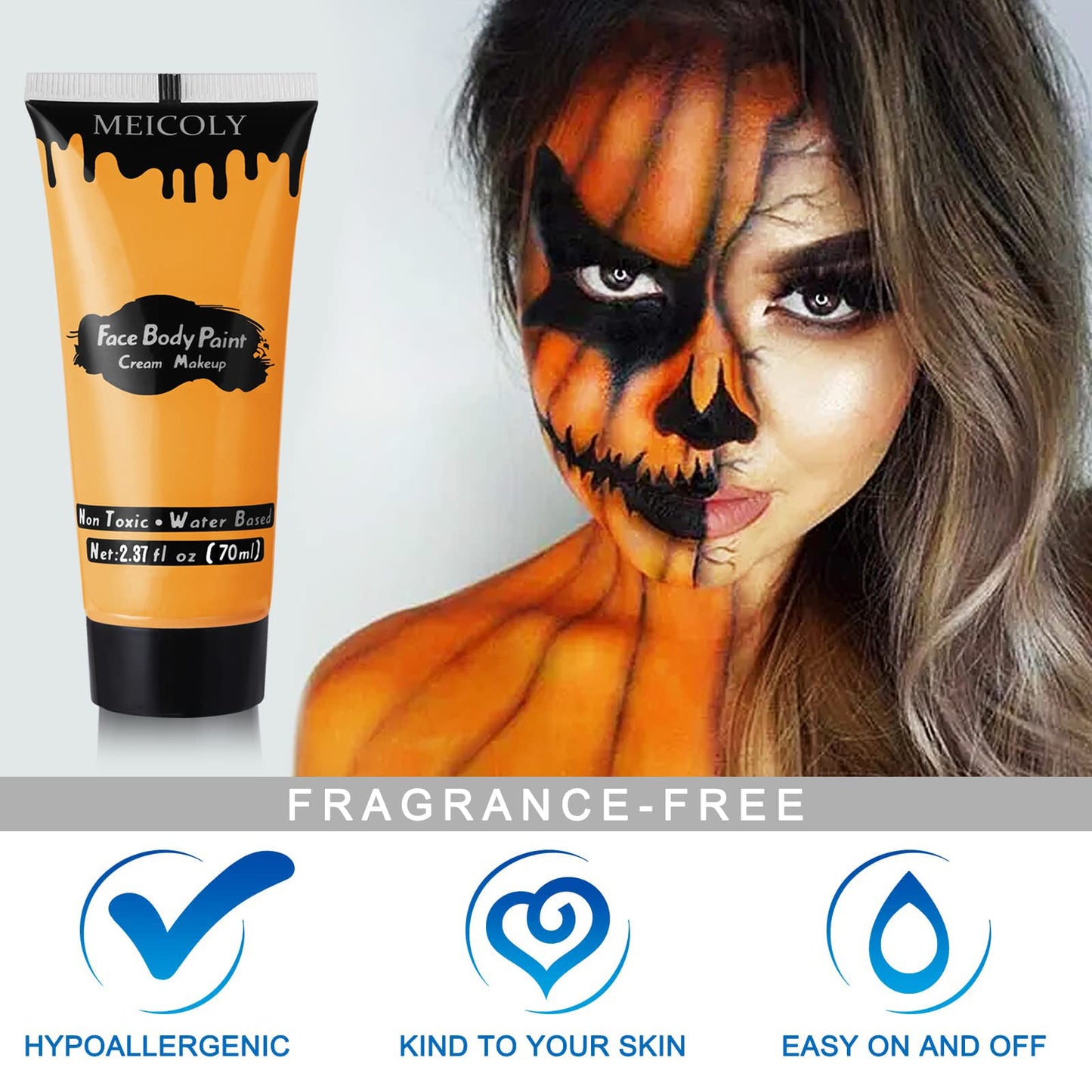 MEICOLY Orange Face Body Paint for Halloween SFX Special Effects Pumpkin Tiger Makeup,2.37Oz Large Tube Water Based Washable Face Paint,Non-Toxic Body Beauty and Personal Care MEICOLY
