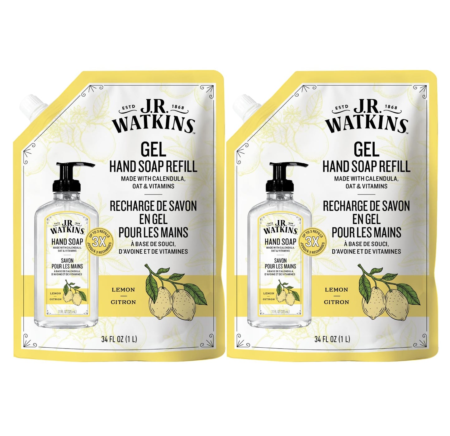 J.R. Watkins Gel Hand Soap Refill, Moisturizing Hand Wash, Formulated with Plant-Based Cleansers, Alcohol-Free, Cruelty-Free, Lemon, 34 Fl Oz, 2 Pack Beauty and Personal Care J.R. Watkins Default Title