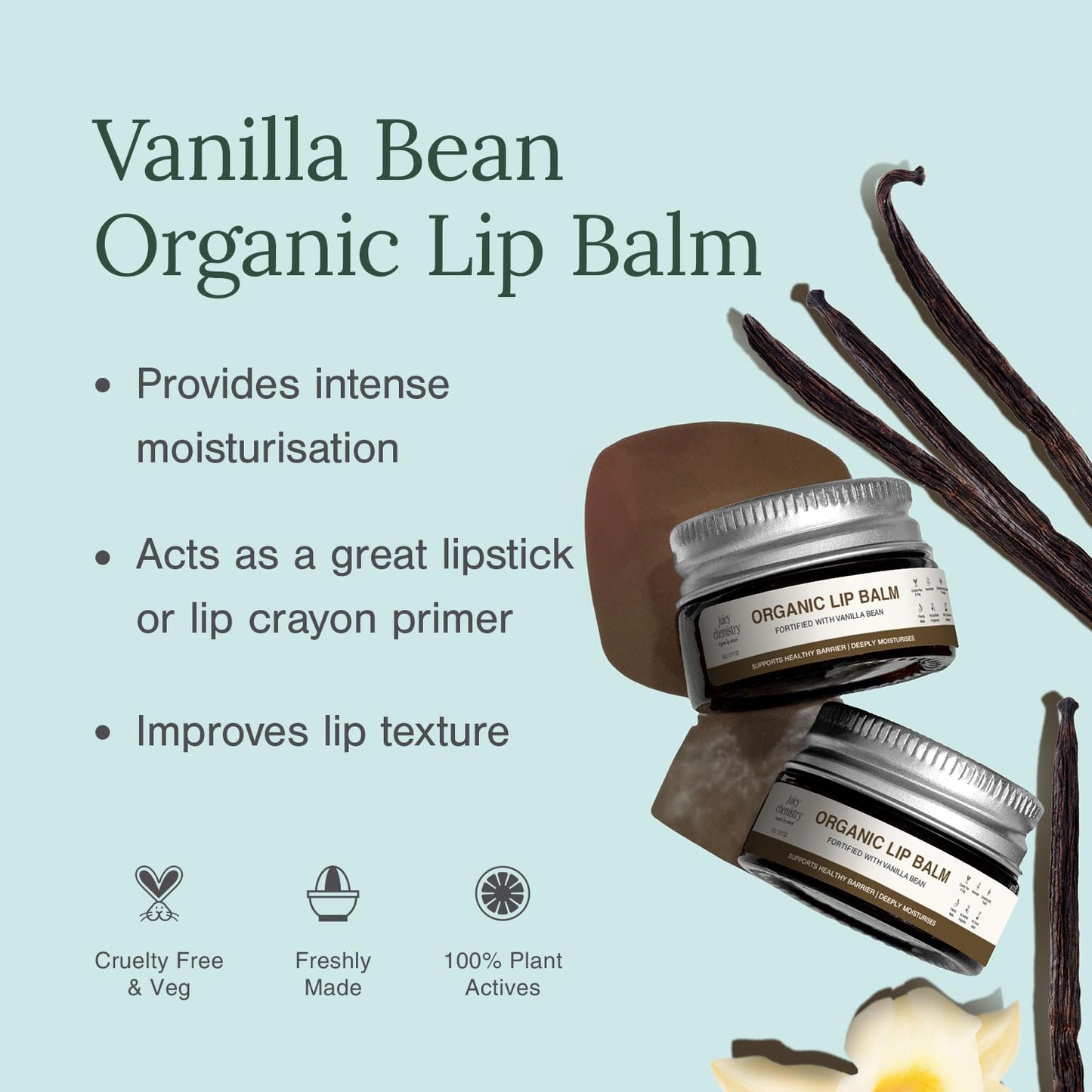 Juicy Chemistry Vanilla Bean Organic Lip Balm, 5 g - Enriched with Delicate, Dreamy, Vanilla Beans, Cocoa Butter, Jojoba & Argan Oil to Smooth Beauty and Personal Care Juicy Chemistry