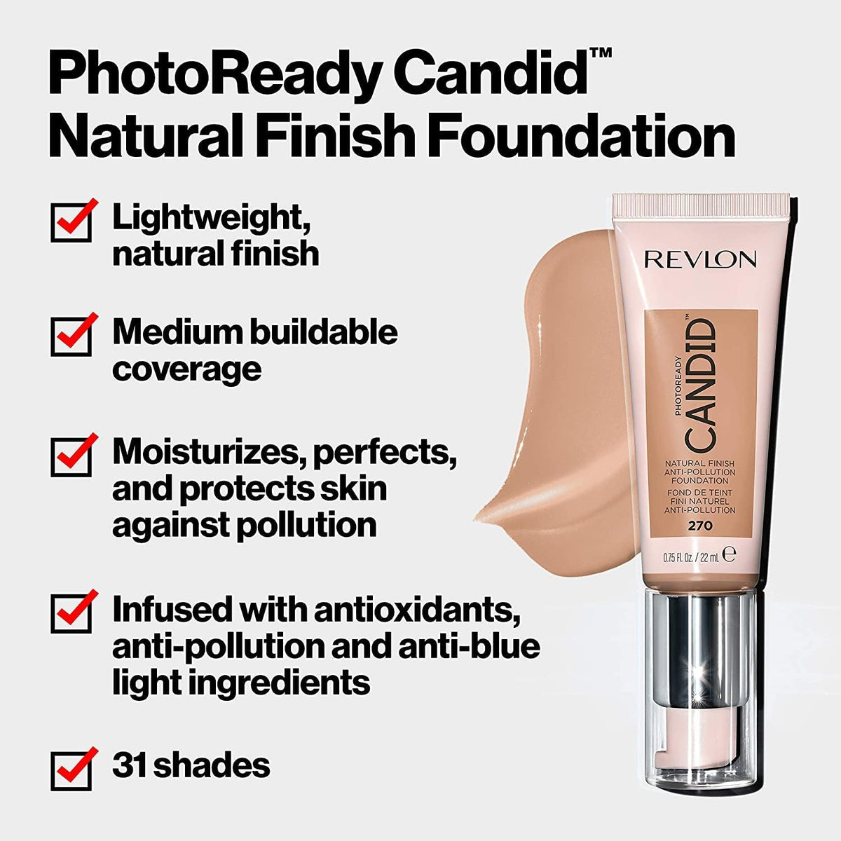 Revlon PhotoReady Candid Natural Finish Foundation, with Anti-Pollution, Antioxidant, Anti-Blue Light Ingredients, 110 Porcelain, 0.75 fl. oz. Beauty & Personal Care REVLON