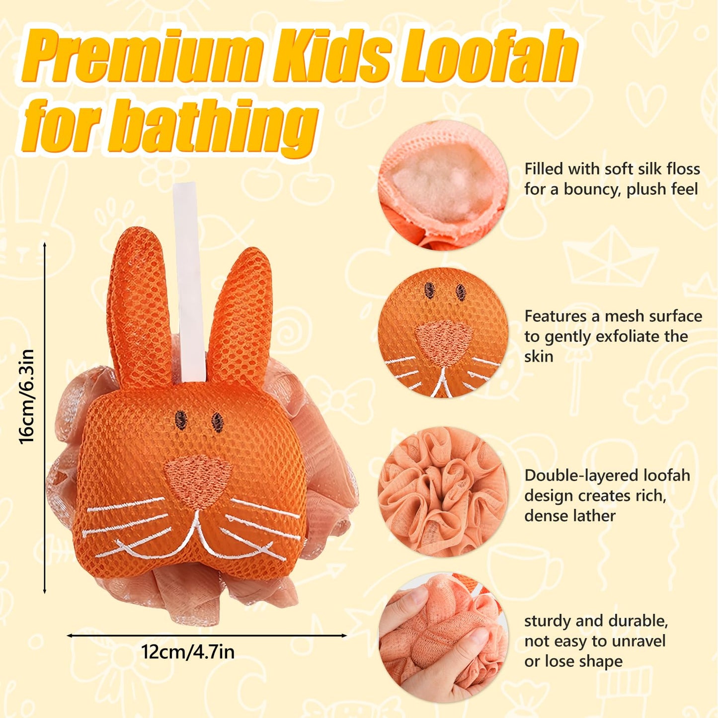 Kids Loofah, Cute Cartoon Animal Kids Bath Sponge with Hanging Rope, Soft Double Mesh for Rich Lather (Little Orange Rabbit) Beauty and Personal Care Taolivingmart