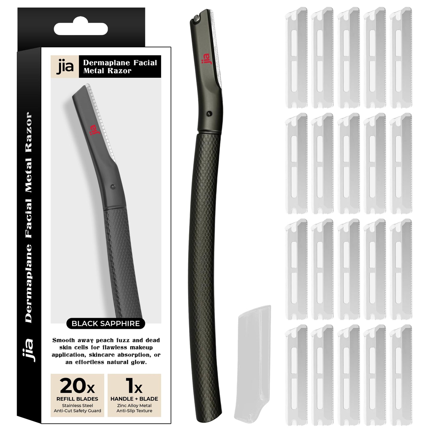 Jia Dermaplane Facial Metal Razor in Black Sapphire with 20 Swiss-Made Replacement Blades - Eyebrow Trimmer & Face Shaver for Women and Men, Peach Beauty and Personal Care jia Personal Care