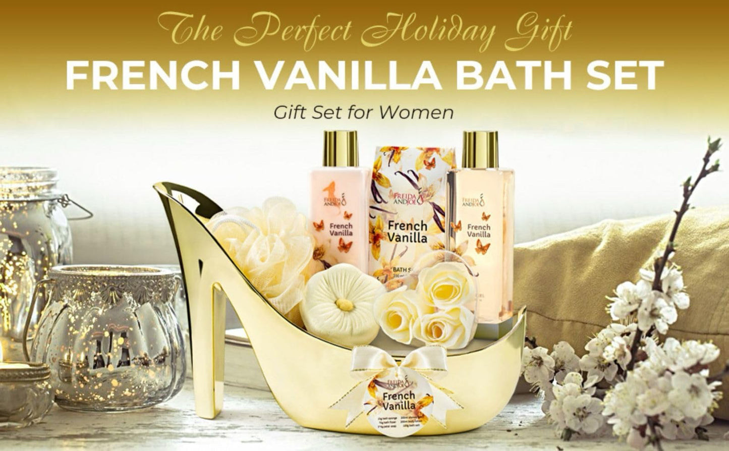 Elegant Bath Set in High Heel Shoe - Luxurious Spa Gift Basket for Women, Includes Shower Gel, Body Lotion, Bath Salts, Soap Flowers, Bath Fizzer Beauty and Personal Care Freida and Joe