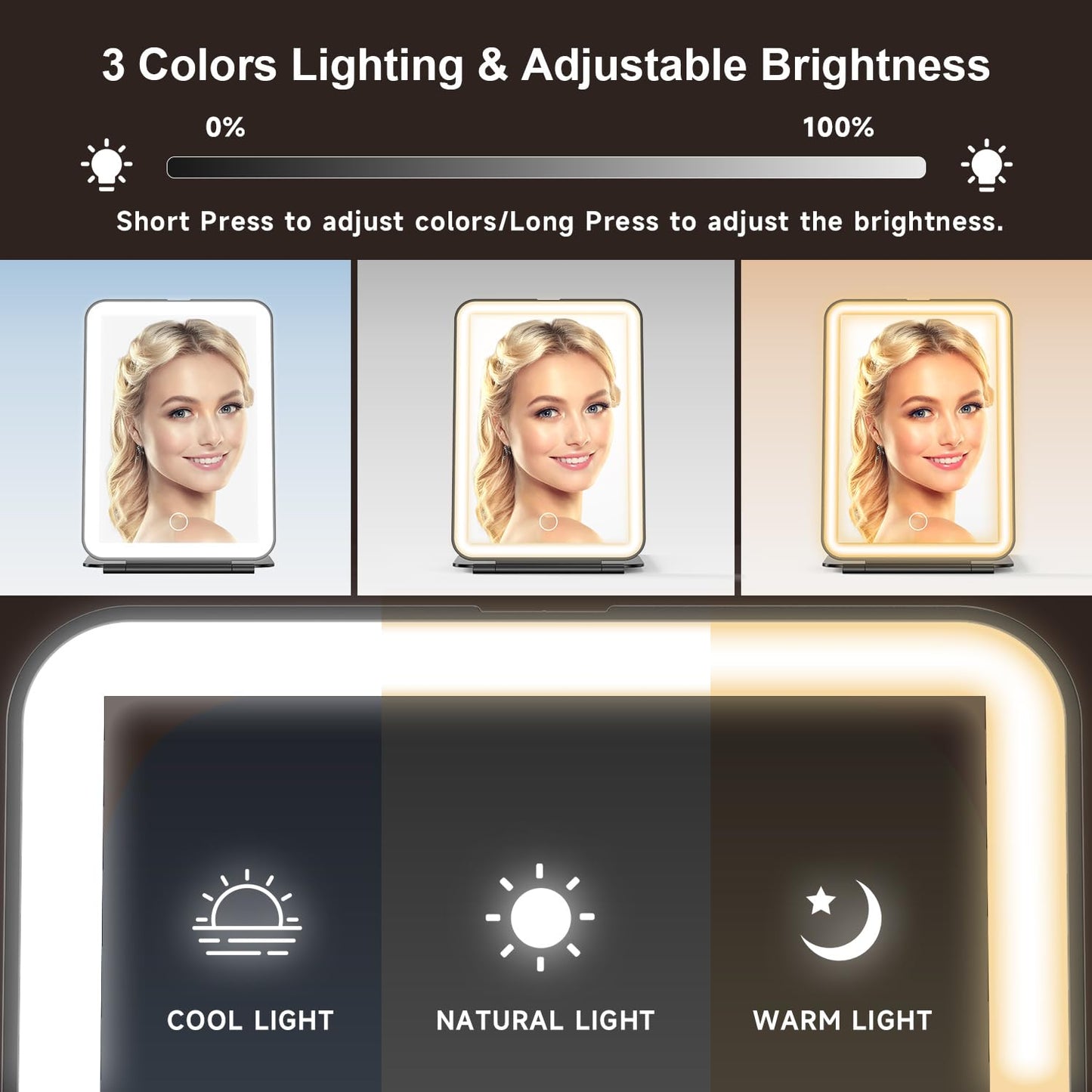 Mocado LED Foldable Travel Makeup Mirror - 5x7 inches 3 Colors Light Modes USB Rechargeable Touch Screen, Portable Tabletop Cosmetic Mirror Beauty & Personal Care Mocado