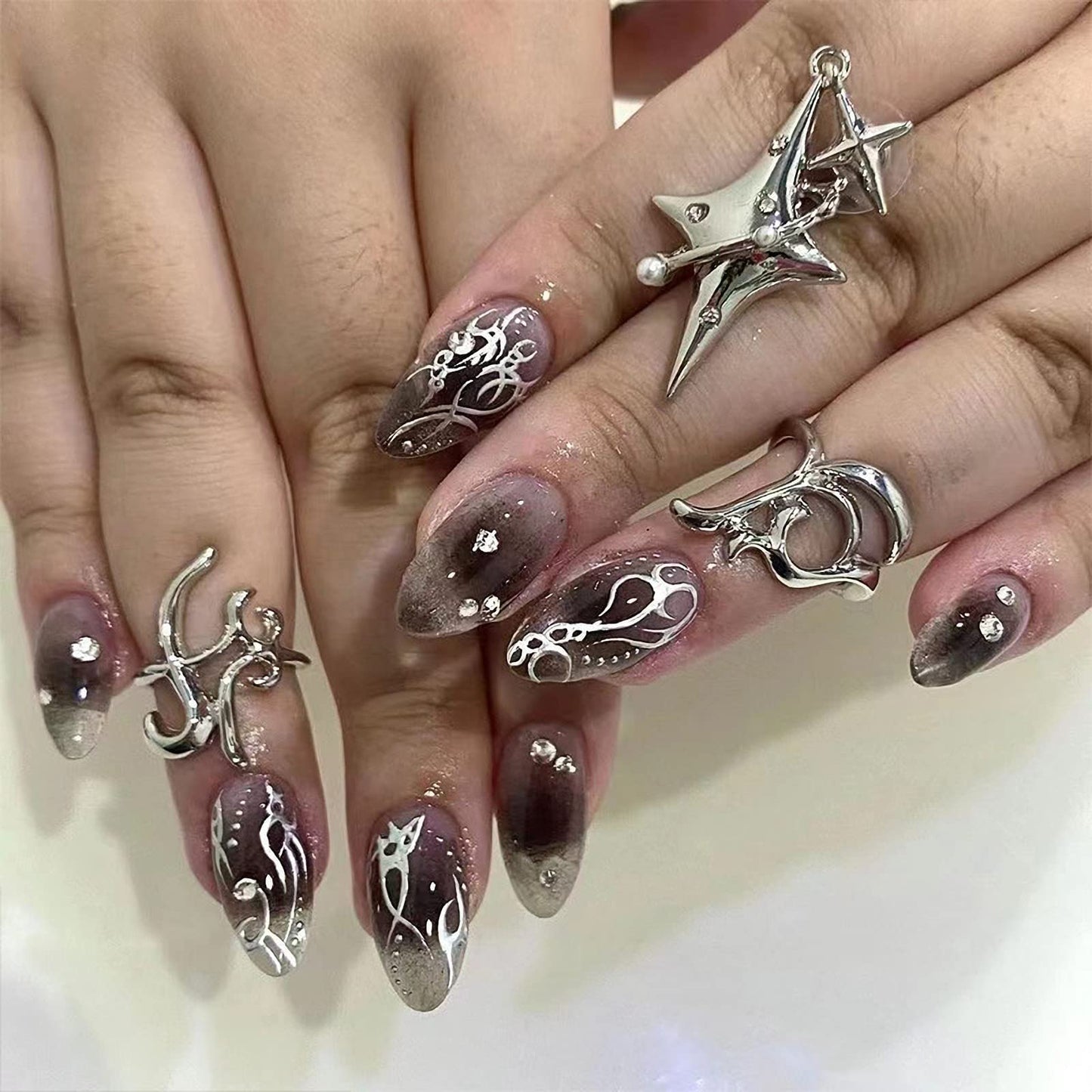 IMSOHOT Almond Press on Nails Medium Glossy Fake Nails Diamond Glue on Nails Black Ombre False Nails with Designs Beauty & Personal Care IMSOHOT