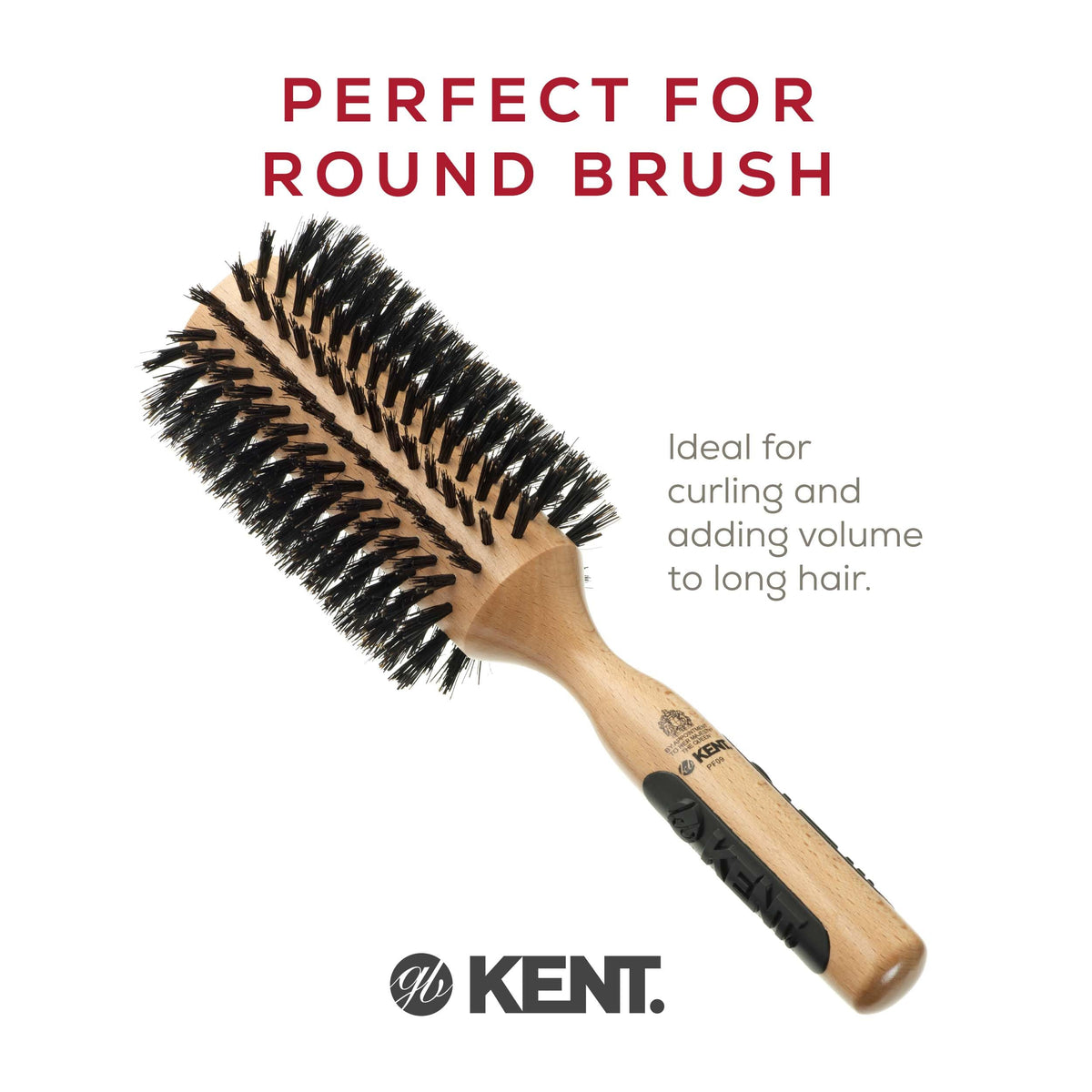 Kent PF09 Large Round Curling Brush with Hard Natural Boar Bristle - Hair Drying Brush and Blowout - Round Brushes for Dry Hair - For Shoulder Length