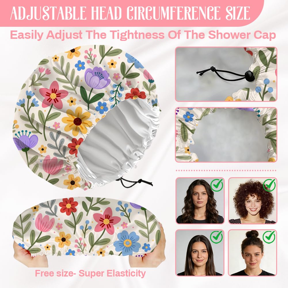 DELORIGIN Bohemian Floral Patterns Reusable Shower Cap Cute Double Layer Waterproof Shower Caps Large Elastic Hair Cover Adjustable Hair - Drying Caps Beauty and Personal Care DELORIGIN
