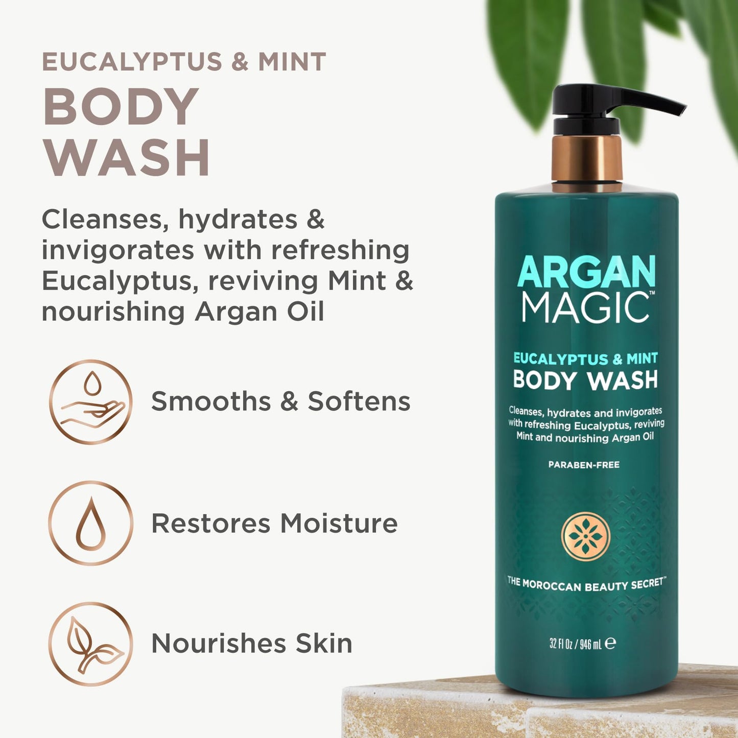 Argan Magic Eucalyptus & Mint Body Wash with Argan Oil - Cleanses, Hydrates & Invigorates with Refreshing Eucalyptus & Mint | Made in USA (32 Fl Oz) Beauty & Personal Care Argan Magic