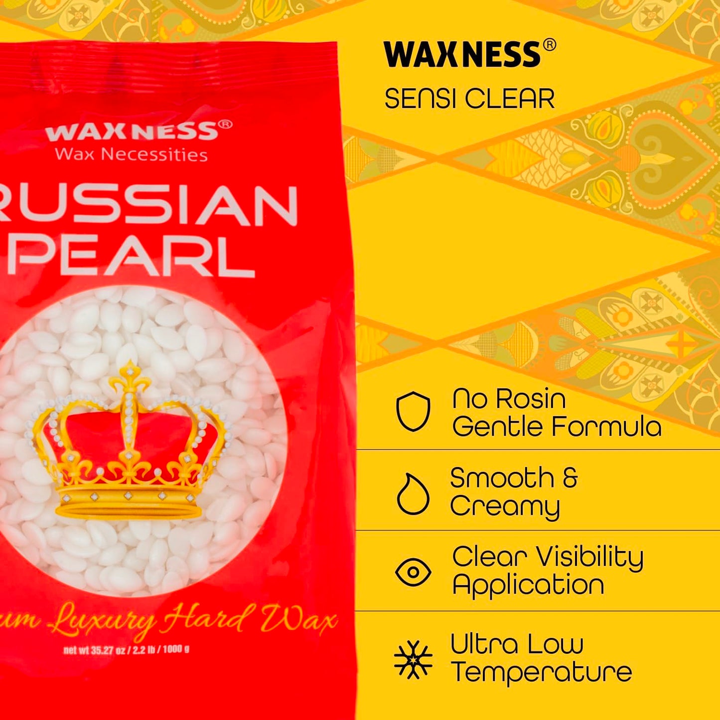 Waxness Russian Pearl Hard Wax Beads 1 lb (453 g) - Rosin-Free Stripless Hard Wax with Creamy Texture and Skin Visibility, Professional Use - Made in Beauty and Personal Care Wax Necessities