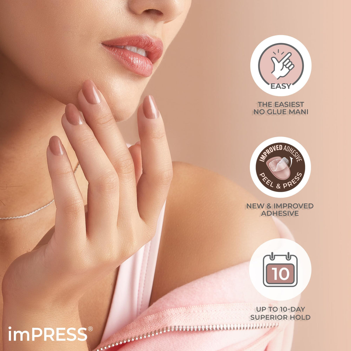 KISS imPRESS No Glue Mani Press On Nails, , 'Effortless Finish', Nude, Short Size, Squoval Shape, Includes 30 Nails, Prep Pad, Instructions Sheet, 1