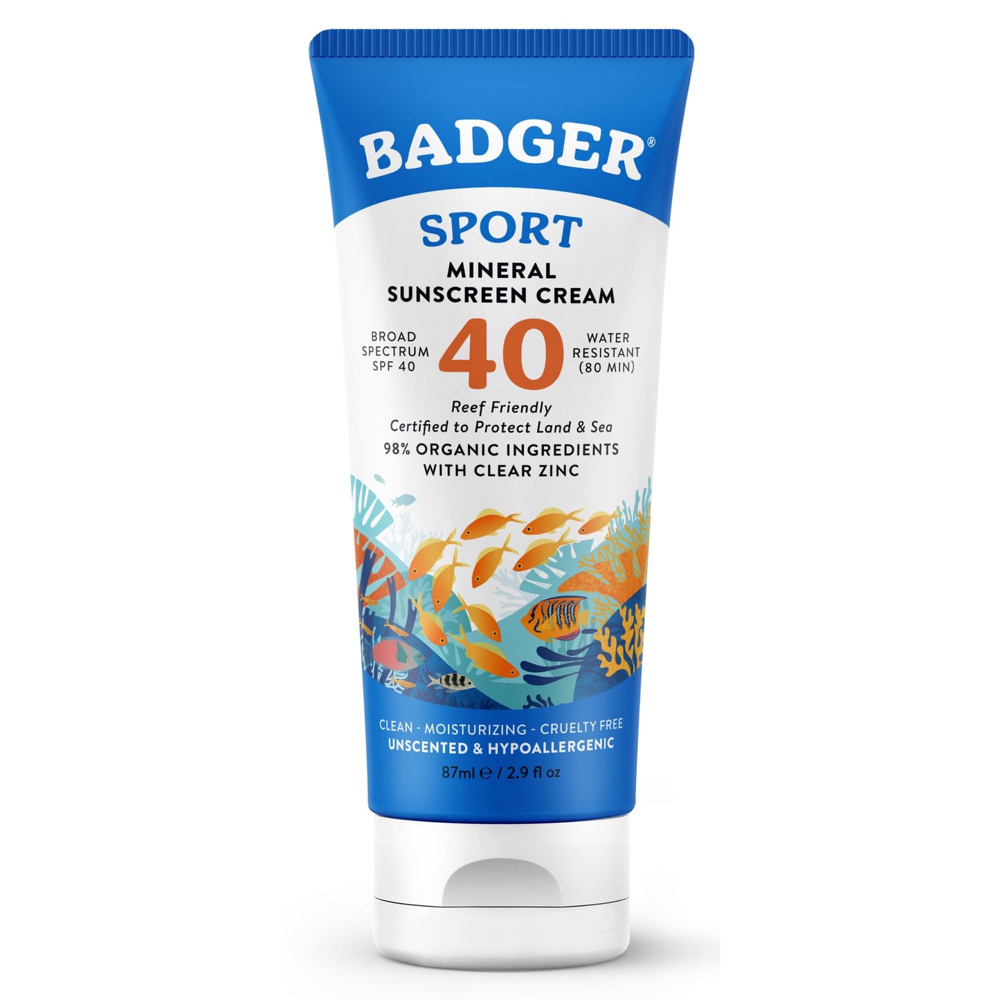 Badger Sport Mineral Sunscreen, Reef Safe, SPF 40, 98% Organic with Zinc Oxide, Water Resistant, Hawaii Reef Act 104 Compliant, Unscented Beauty & Personal Care Badger