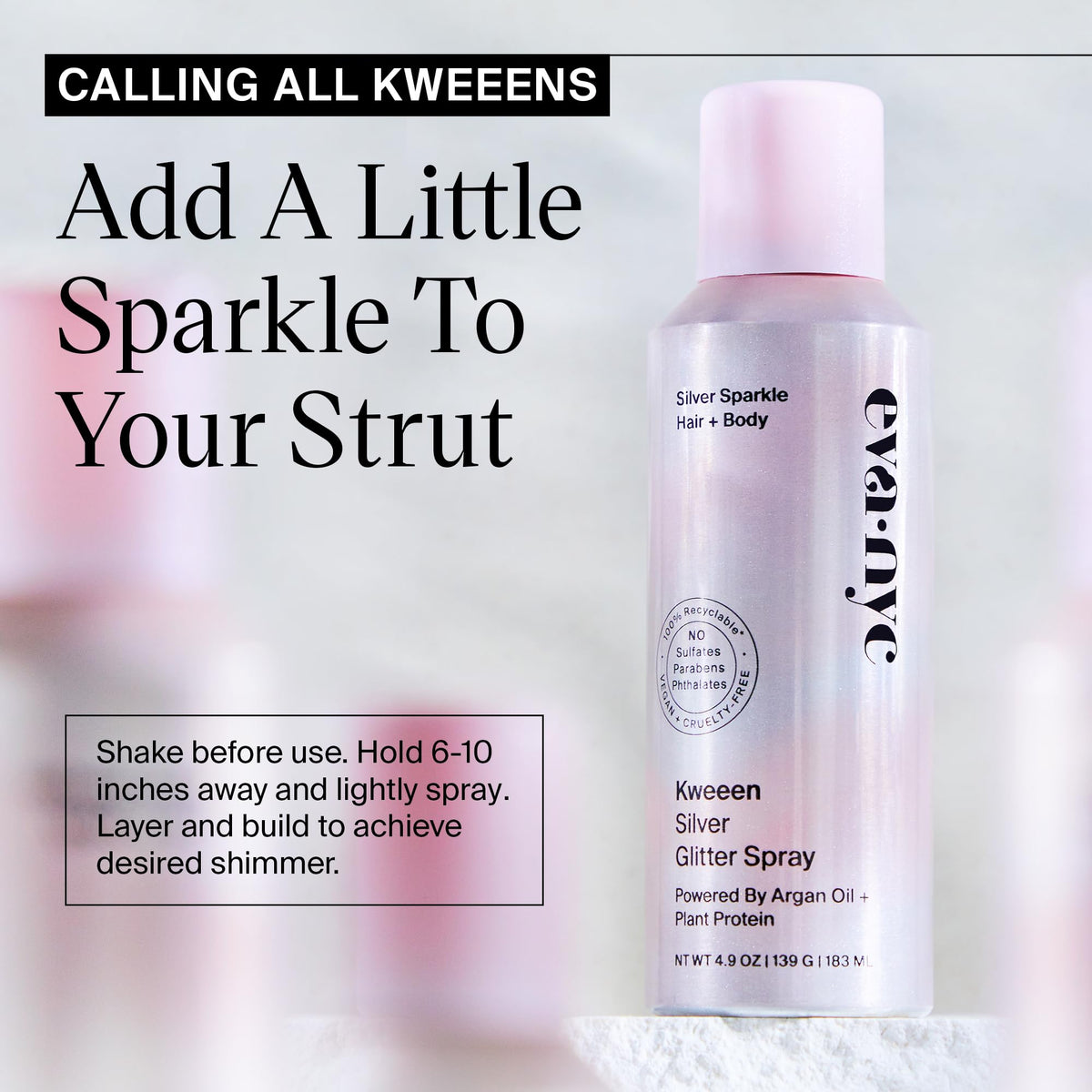 Eva NYC Kweeen Silver Body and Hair Glitter Spray for Shimmer, Washable Glitter Hairspray for Any Party Look, 4.9 oz Beauty & Personal Care EVA·NYC