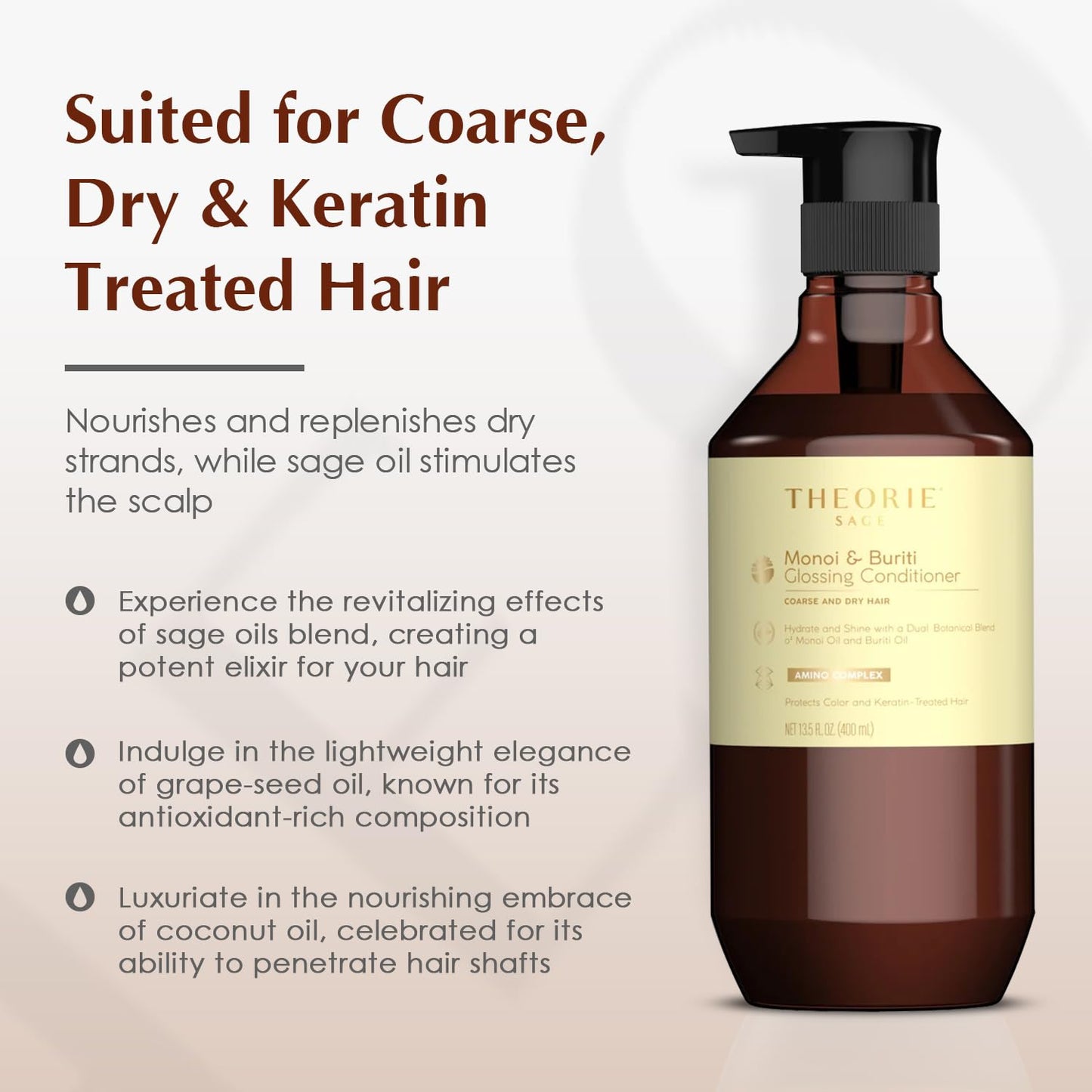 Theorie Monoi and Buriti Glossing Conditioner - Hydrate & Shine - Suited for Coarse and Dry Hair - Protects Color & Keratin Treated Hair, Pump Bottle Beauty & Personal Care Theorie