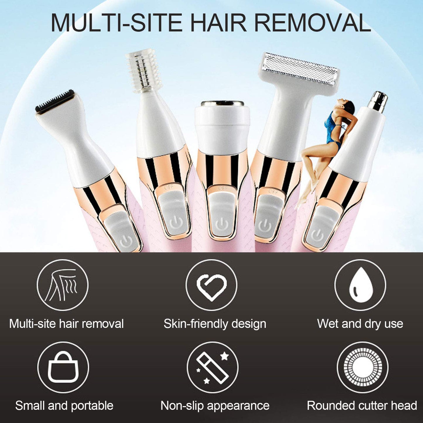 USB Rechargeable Electric Epilator, 5 in 1 Painless Body Remover, Female Hair Removal Machine, with Multifunctional Shaving Head for Legs Underarms Beauty and Personal Care Brrnoo