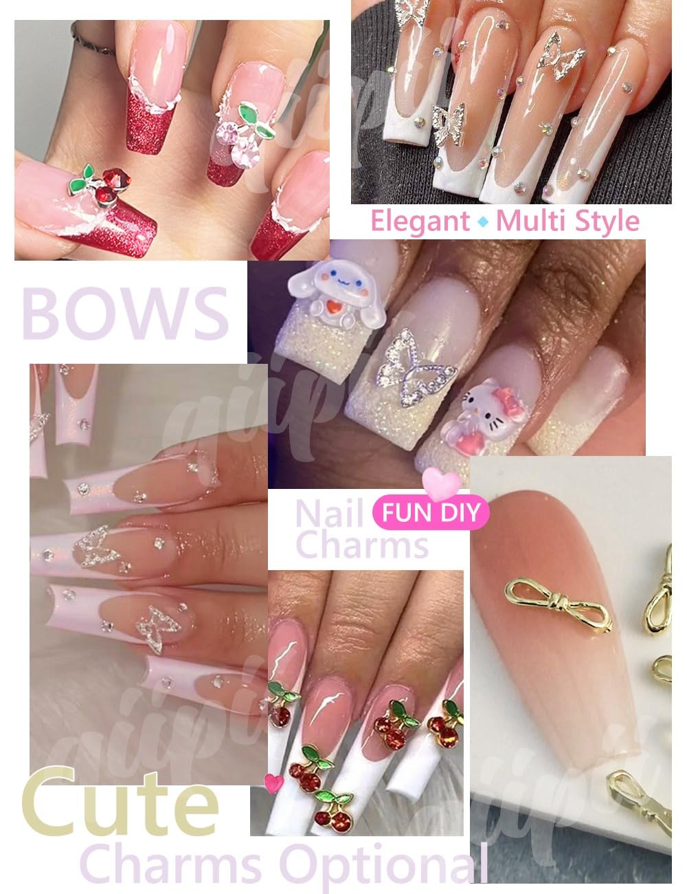 qiipii 56 Pcs Cute Charms for Nails Cherry Butterfly Heart Star Kawaii Crystals Pink Red Rhinestones Gems Golden Silver 3D Alloy Studs Nail Art Charms