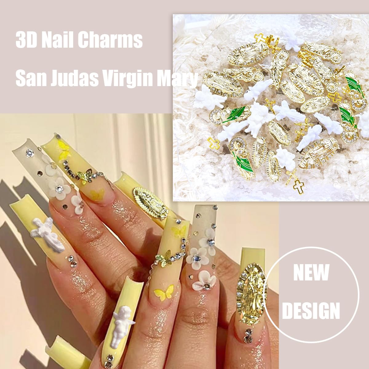 San Judas Virgin Mary Cross 3D Nail Charms Angel Gold Alloy Metal Rhinestones for Acrylic Nail Art Religious Gems Jewels Vintage Manicure Accessories Beauty & Personal Care LCiclly