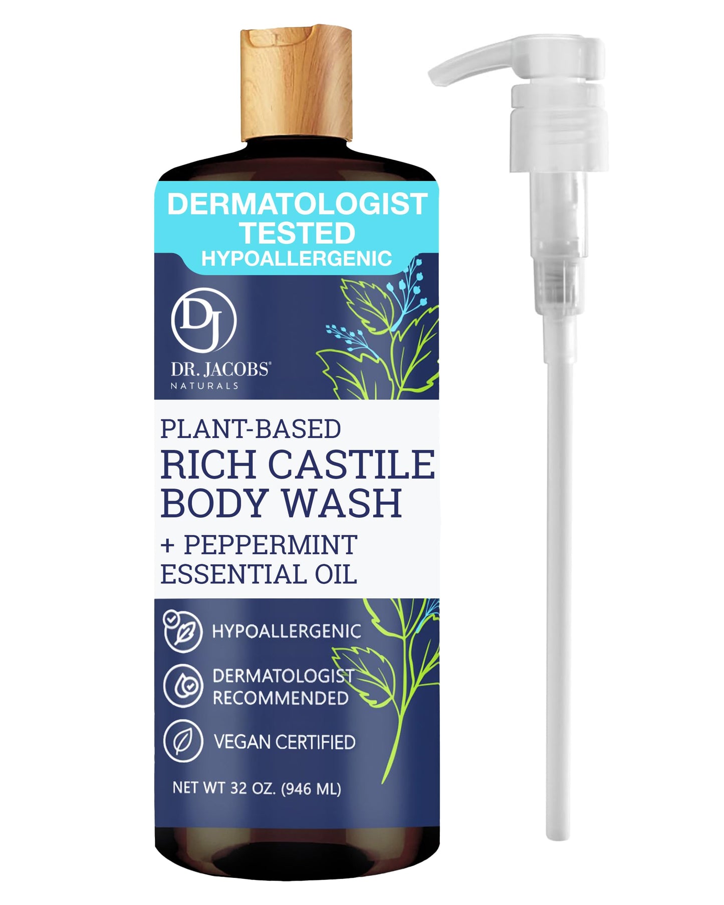 Dr. Jacobs Naturals Castile Peppermint All-Natural Body Wash for Moisturizing Dry and Sensitive Skin with Plant-Based Ingredients with Pump - 32 Ounce Beauty & Personal Care DR.JACOBS NATURALS