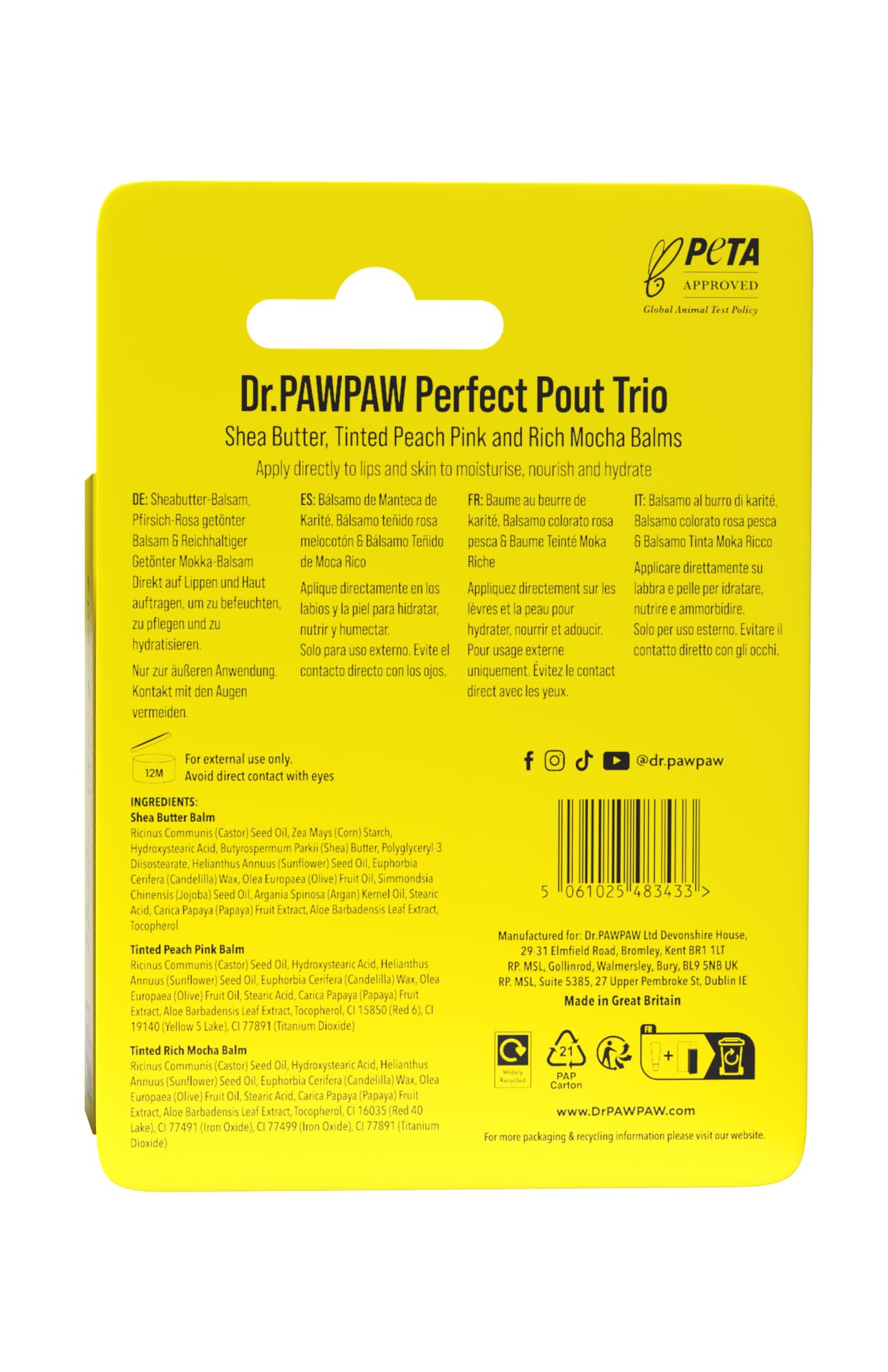 Dr. PawPaw Mini Perfect Pout Trio - Lip Balm Giftset - Nourishing and Hydrating Lip Balms for Women - Peach Pink, Shea Butter, and Rich Mocha - 3 pc Beauty and Personal Care Dr. PAWPAW ORIGINAL BALM