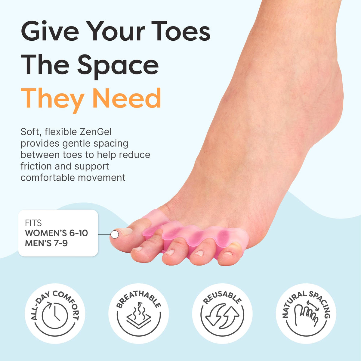 ZenToes Gel Toe Spacers & Separators for Overlapping Toes, 2 Pairs