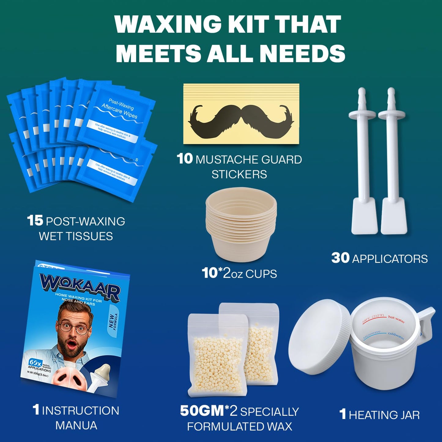 Nose Wax Kit - 100g Wax, 30 Applicators - No Microwave Needed - Ear and Nose Hair Removal Waxing Kit for Men and Women - Pre/Post-Waxing Wipes Beauty and Personal Care Wokaar