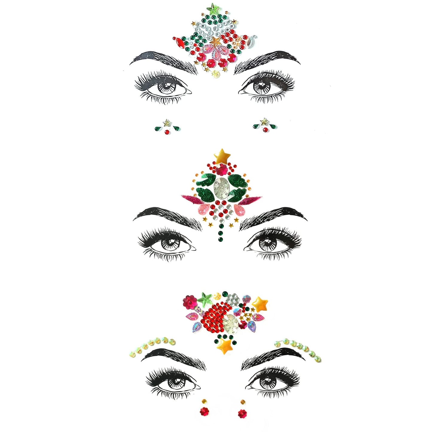 Christmas Face Gems,3PCS Crystal Body Glitter Face Stickers Festival Makeup Jewels Temporary Tattoo Glitter Rhinestone Adhesive for Face Eyes Body Beauty & Personal Care Cheeroyal