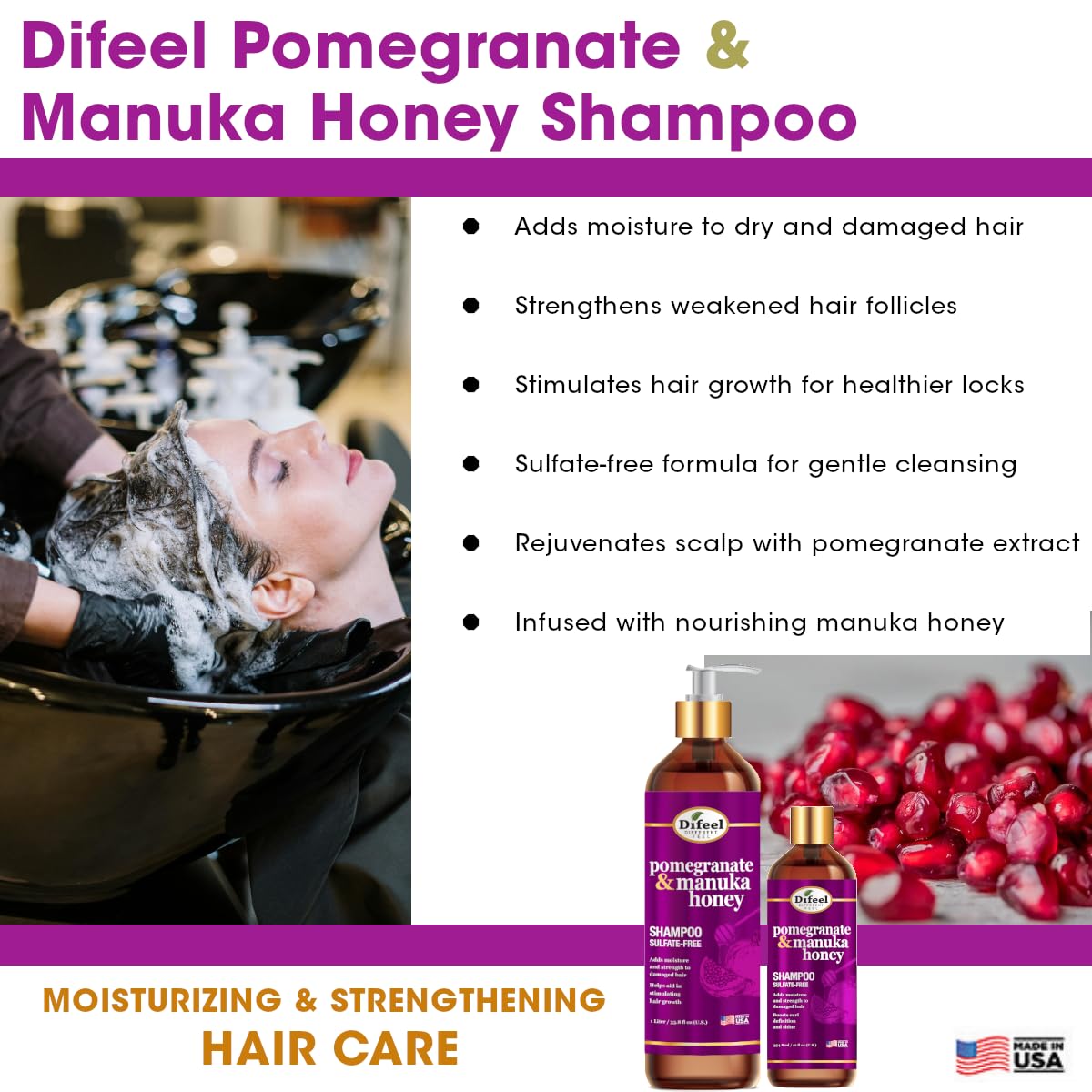 Difeel Pomegranate & Manuka Honey Sulfate-Free Shampoo 12 oz. - Strengthens & Moisturizes Damaged Hair