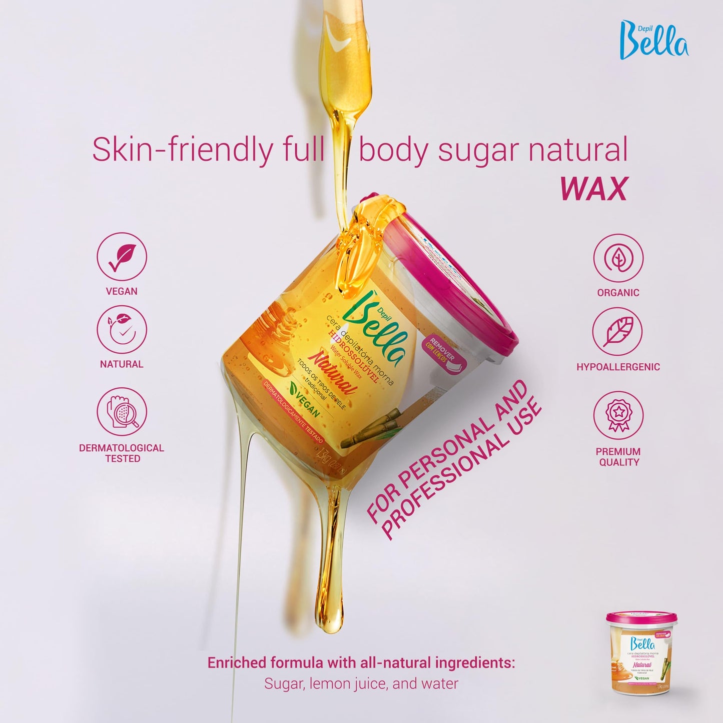 DEPIL BELLA Brazilian Sugar Wax, Hair Removal Wax for Personal & Professional Use, Organic, Natural, Vegan, Washable, All Skin Types - 2.87lbs Beauty and Personal Care DEPIL BELLA