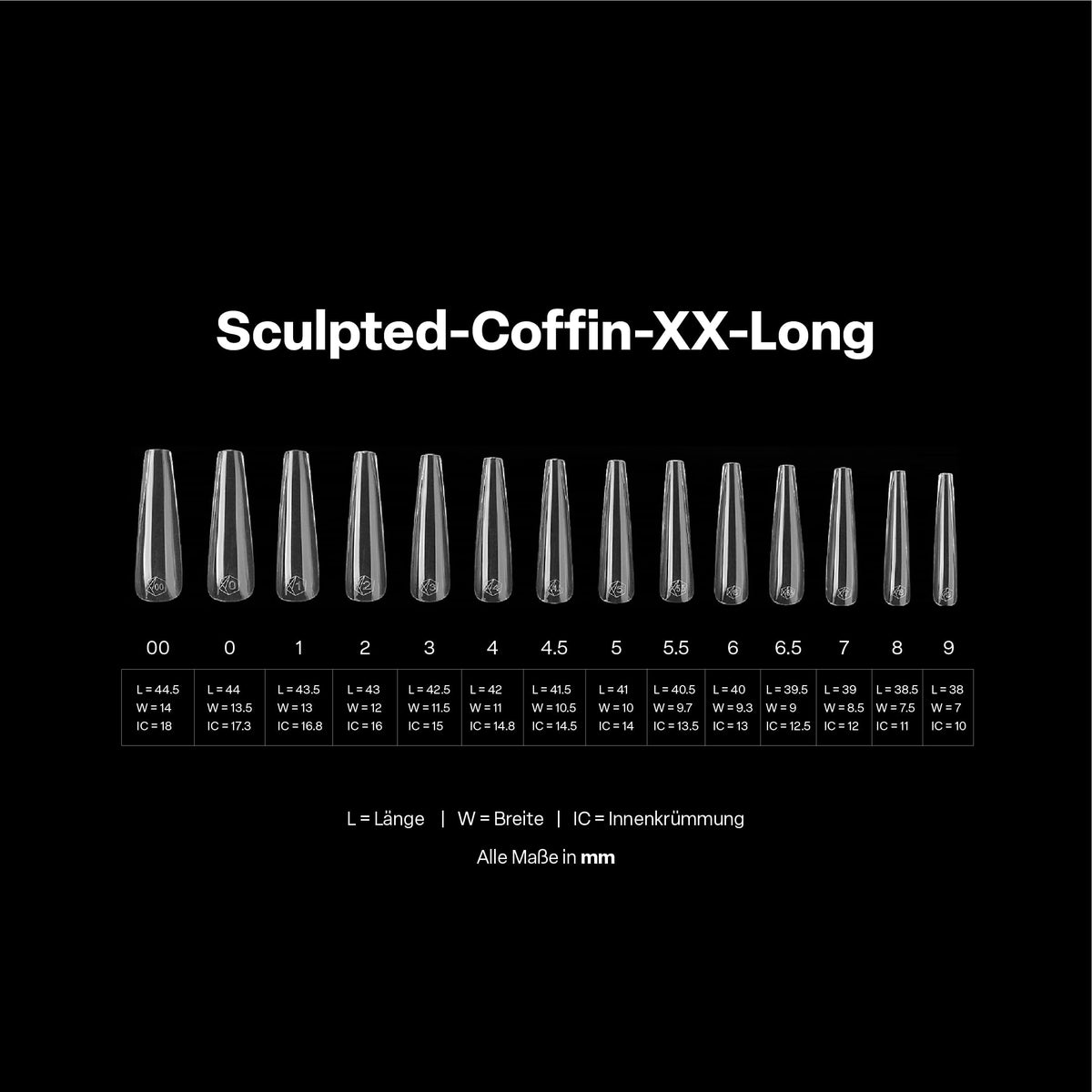 Apres Gel-X® Coffin Box of Nail Tips | 280 Gel-X Tips, Soft Tips, 14 Sizes 00-9 | Half-sizes Included (Sculpted Coffin Extra Extra Long, 280 Count)