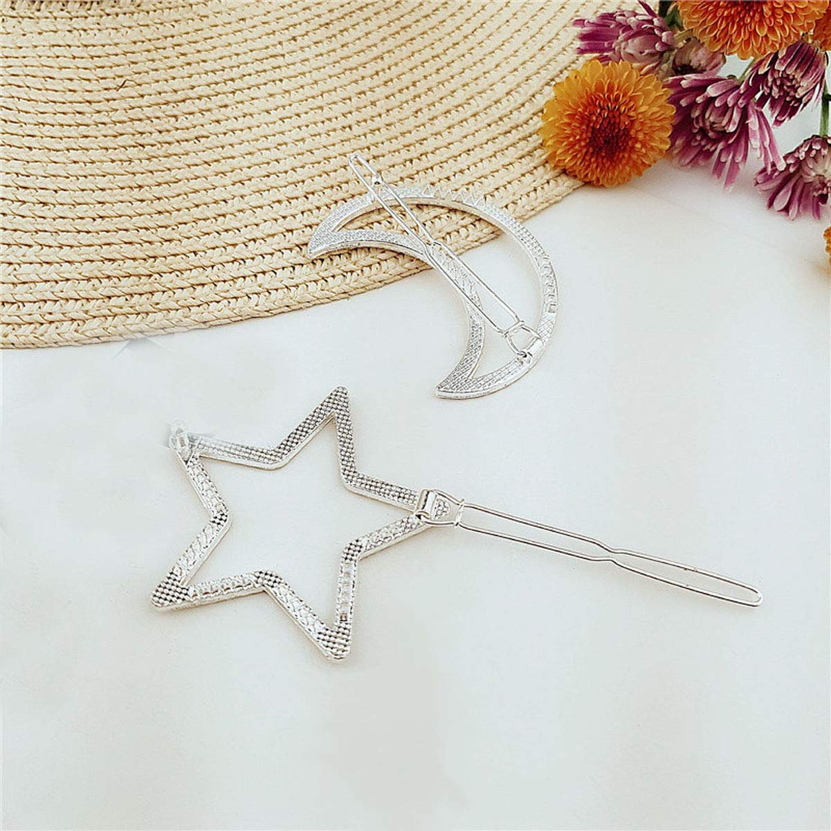2 Pcs Silver Rhinestone Crystal Geometric Stars Moon Hair Clip Fashion Woman Hollow Side Clip Barrettes Hairpin Hair Accessories Beauty & Personal Care Teppylony