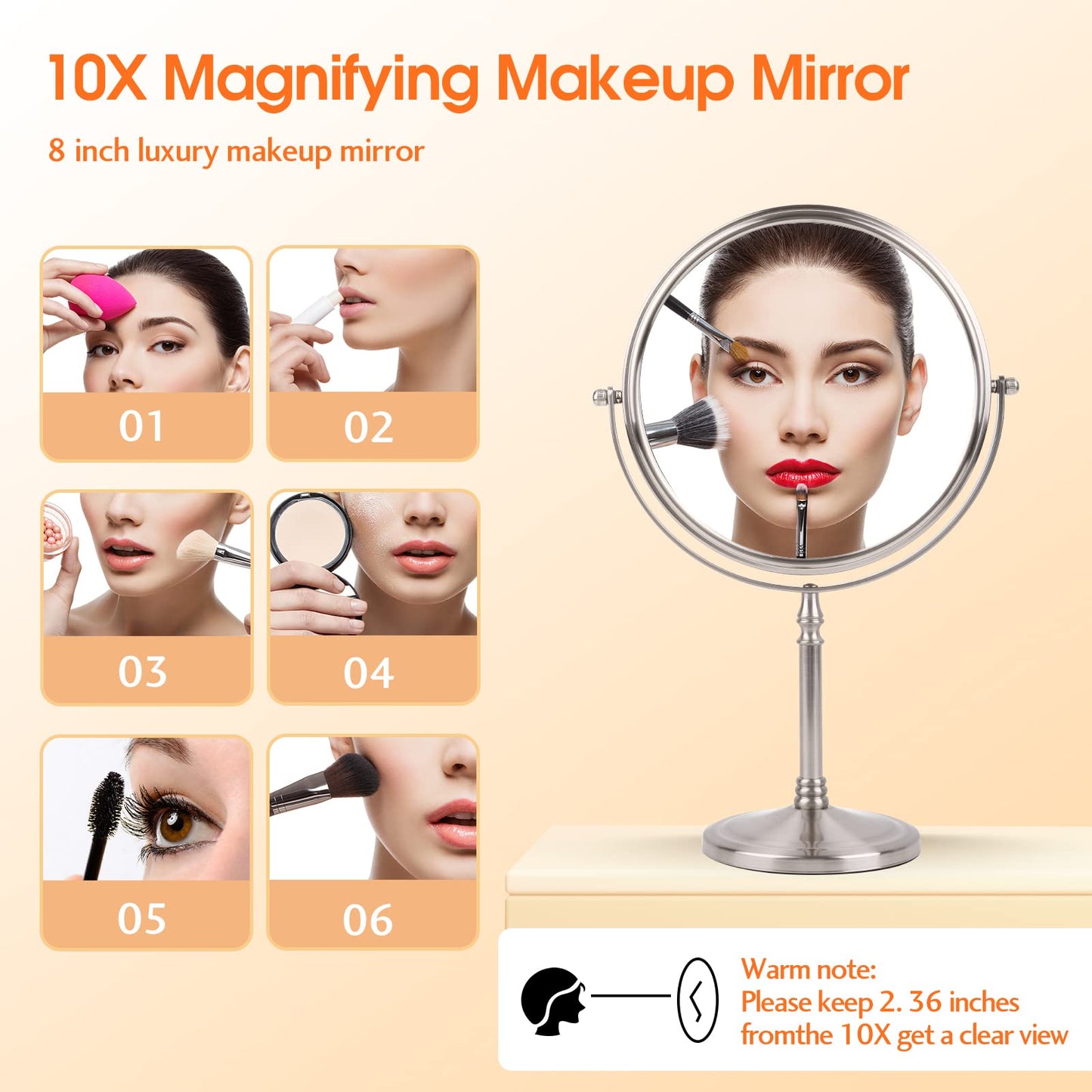 Ohotecy Makeup Mirror 8" Magnifying Mirror 1/10X Magnification, Large Table top Double-Sided Swivel Vanity Mirror Chrome Finish Beauty & Personal Care Ohotecy