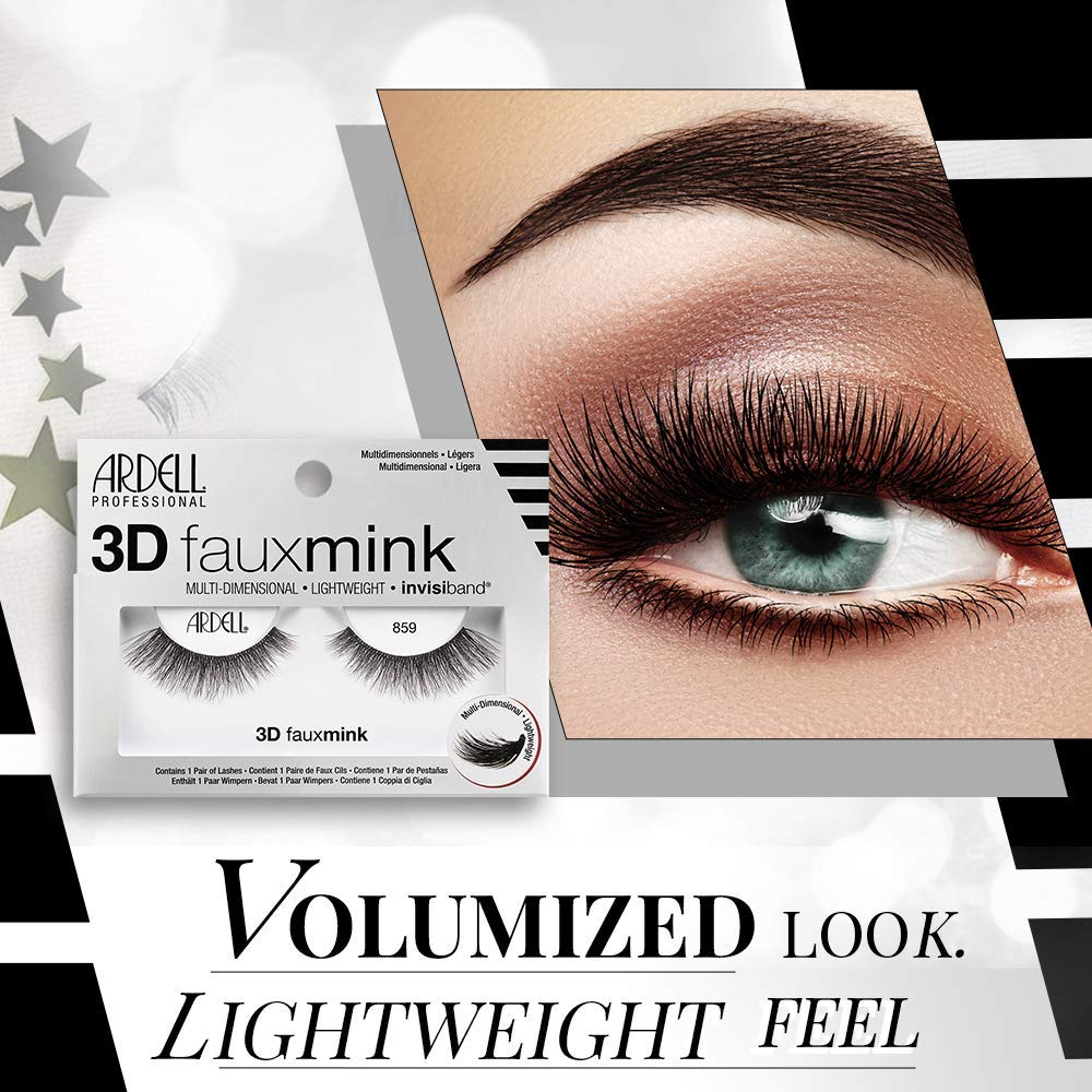Ardell 3D Faux Mink Lashes False Eyelashes 859 - Fluffy & Voluminous Strip Wispy Lashes for a Natural Glam Look, 4 Pairs