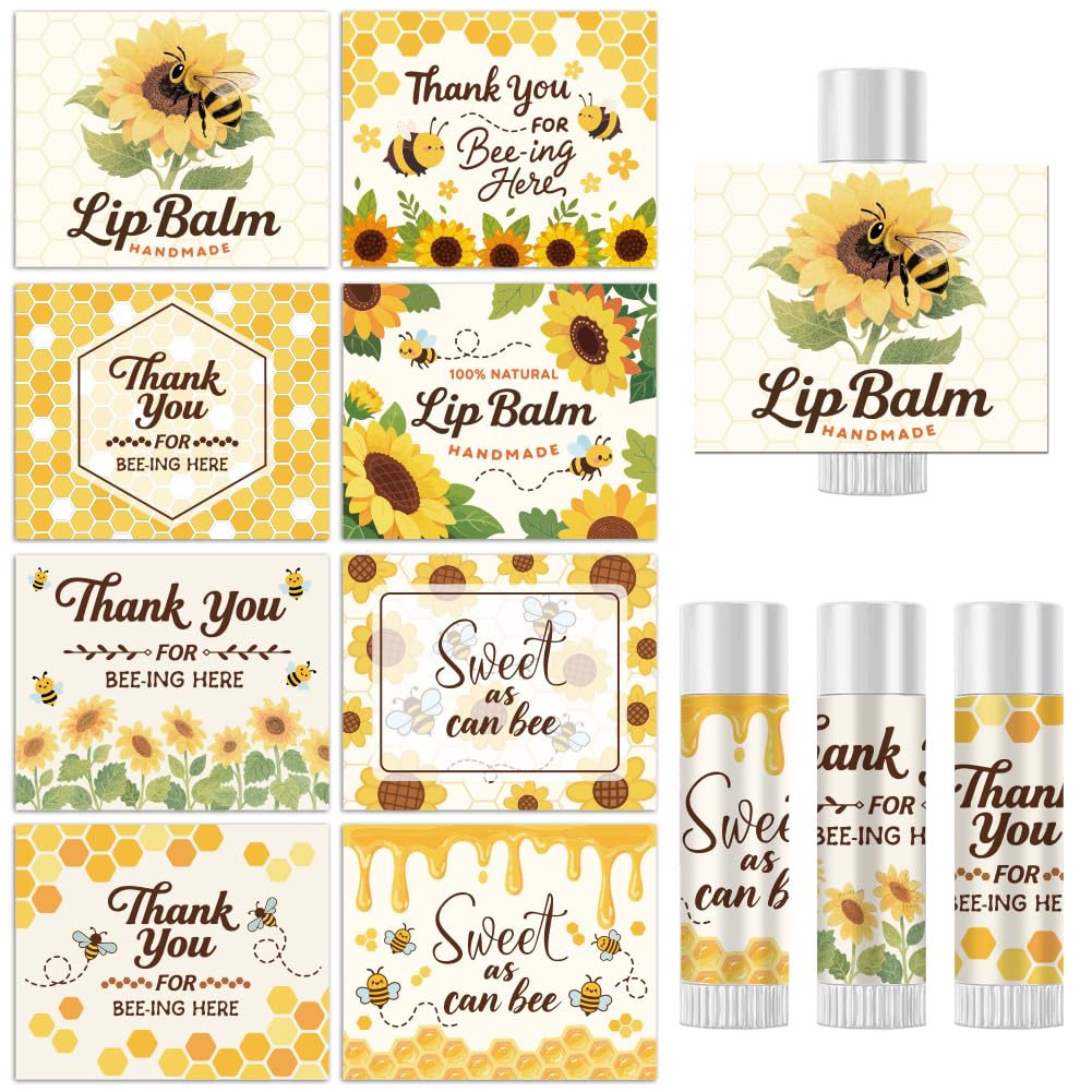 Peacoblue 160Pcs Lip Balm Labels Sticker for Tubes 2.1"x1.7" Bees and Sunflowers, 8 Styles Waterproof Chapstick Labels Glossy for Homemade Lip Balm Beauty and Personal Care peacoblue