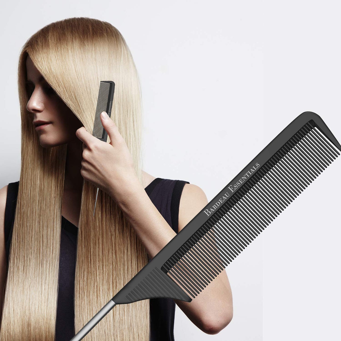 Bardeau Essentials Professional 8.8 Inch Tail Comb (5 Pack) - Black Carbon Fiber and Stainless Steel Pintail - Anti Static and Heat Resistant Teasing Beauty and Personal Care Bardeau Essentials