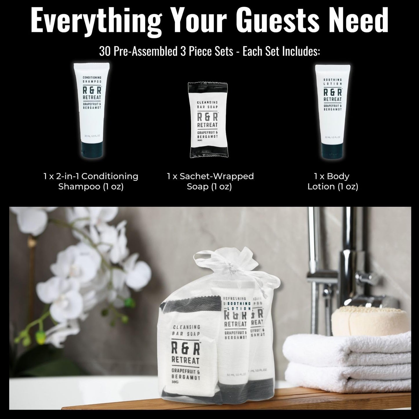 R&R Retreat Hotel Toiletry Sets - 30 Pre-Assembled 3-Piece Guest Amenities in Organza Bags - 2-in-1 Conditioning Shampoo, Body Lotion & Sachet-Wrapped Beauty and Personal Care Vacation Home Amenities