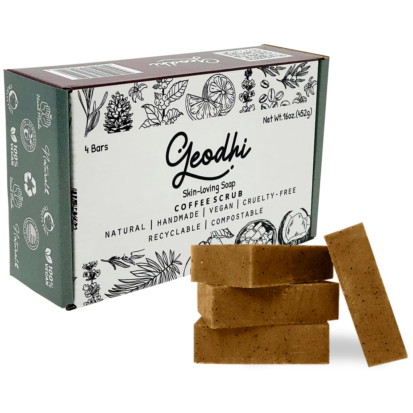 Geodhi, Handmade Vegan Cold Process Soap with Premium Essential Oils, Great for Acne, and Dry Skin - Set of 4 Both Women and Men Soap Bar-. (Coffee Beauty & Personal Care Geodhi