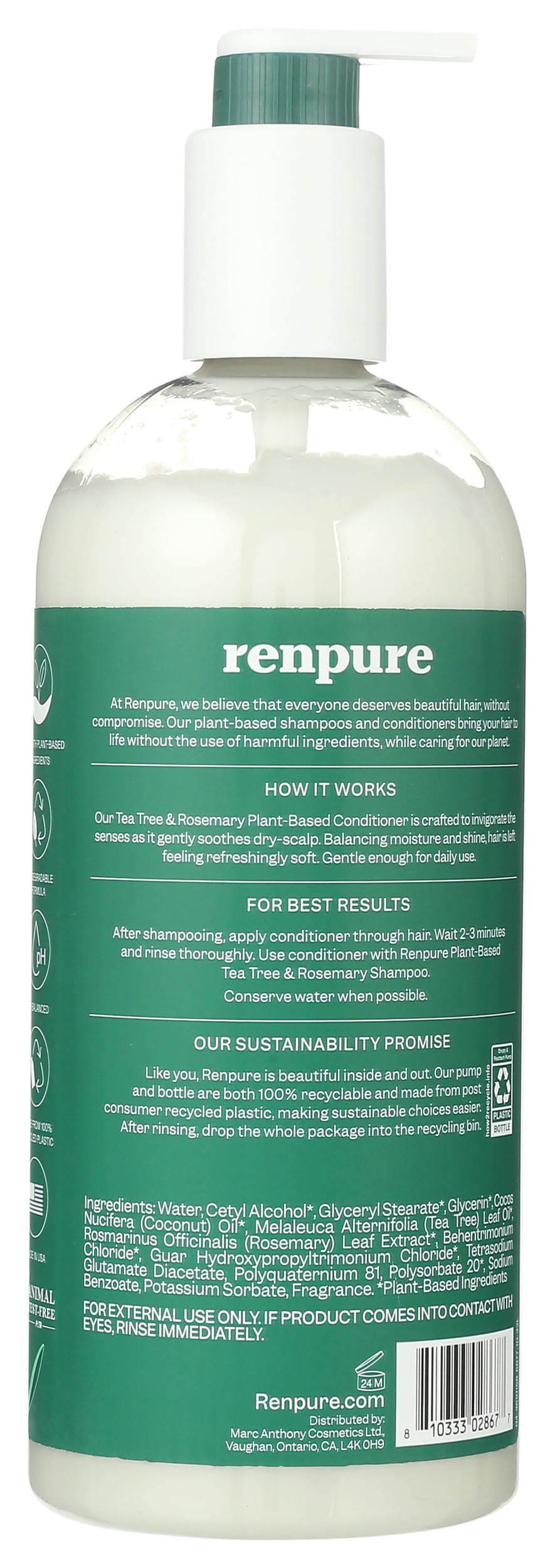 Renpure Plant Based Tea Tree and Rosemary Refresh and Rebalance Conditioner - Soothes Dry Scalp - Delivers Moisture and Shine - Gentle Formula - Dye Beauty & Personal Care RENPURE