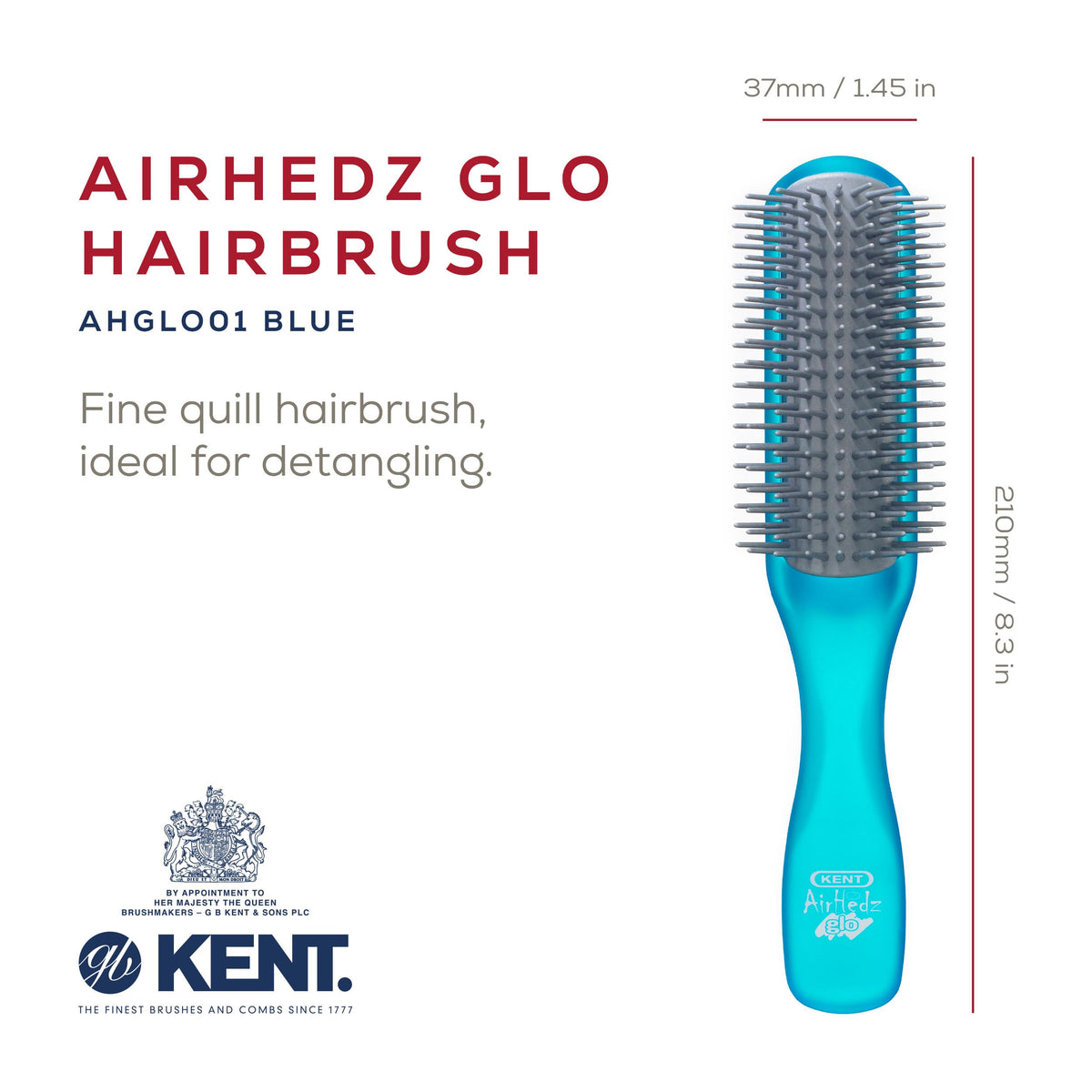 Kent AHGLO01 Airhedz Glo Blue Half Round Narrow Detangling Hair Brush - 9 Row Ionic Anti Static Non Scratch Long Nylon Bristle Great for Detangling
