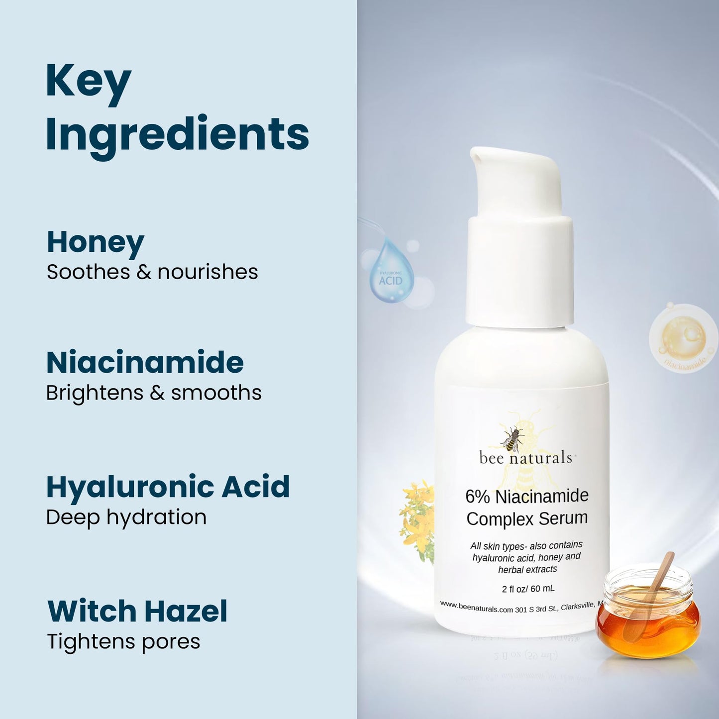 6% Niacinamide Complex Serum for Face with Hyaluronic Acid & Honey, Reduced Potential for Irritation, Pore Minimizer, Hydrating Facial Serum for Skin Beauty & Personal Care Bee Naturals