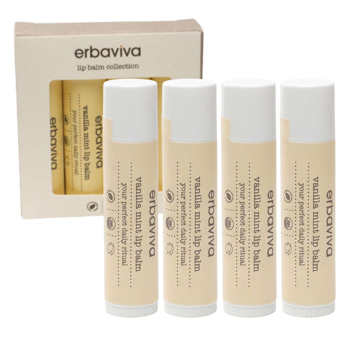 Erbaviva Vanilla Mint Lip Balm 4 Pack - USDA Organic Lip Balm with Elderflower, Calendula & Shea Butter - Long-Lasting Moisturizing Lip Care Beauty and Personal Care erbaviva