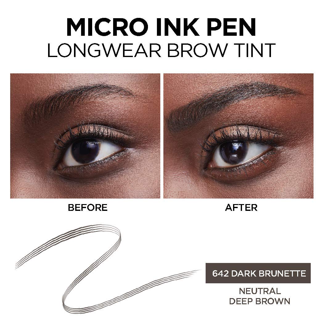 L'Oreal Paris Micro Ink Pen by Brow Stylist, Longwear Brow Tint, Hair-Like Effect, Up to 48HR Wear, Precision Comb Tip, Dark Brunette, 0.033 fl; oz.