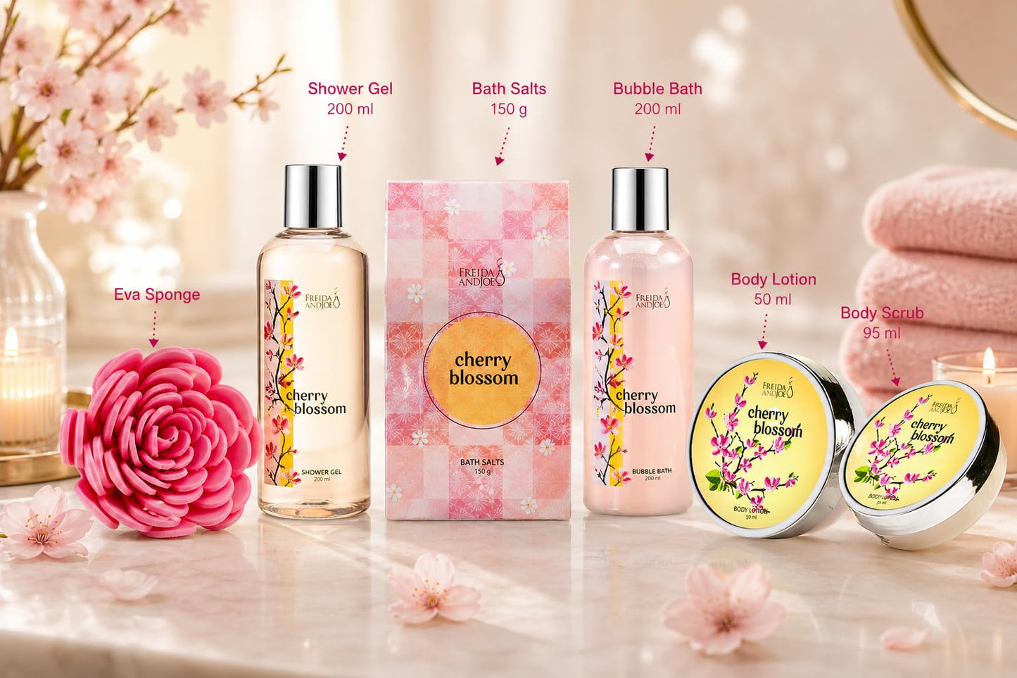 Cherry Blossom Spa Gift Basket for Women - Luxury Bath & Body Gift Set with Shower Gel, Bubble Bath, Body Scrub, Lotion & Bath Salts - Mother’s Day Beauty and Personal Care Freida and Joe