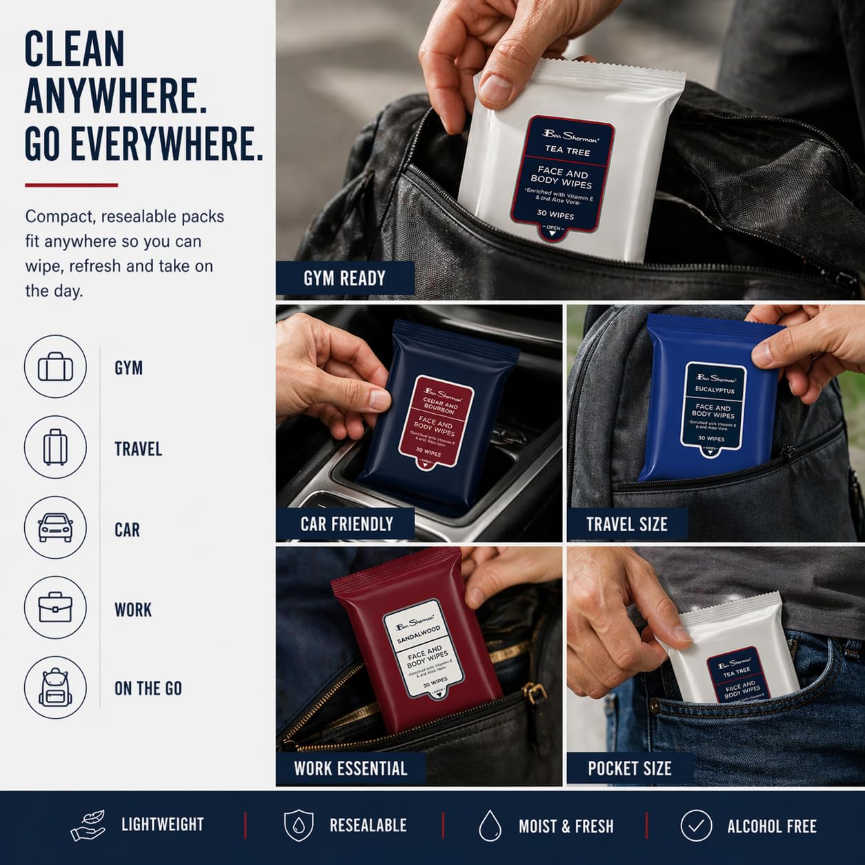 Ben Sherman Men's Face Wipes - 4 Pack (120 Total) Cleansing Wipes for Men with Cedar & Bourban, Eucalyptus, Tea Tree & Sandalwood Beauty & Personal Care Ben Sherman