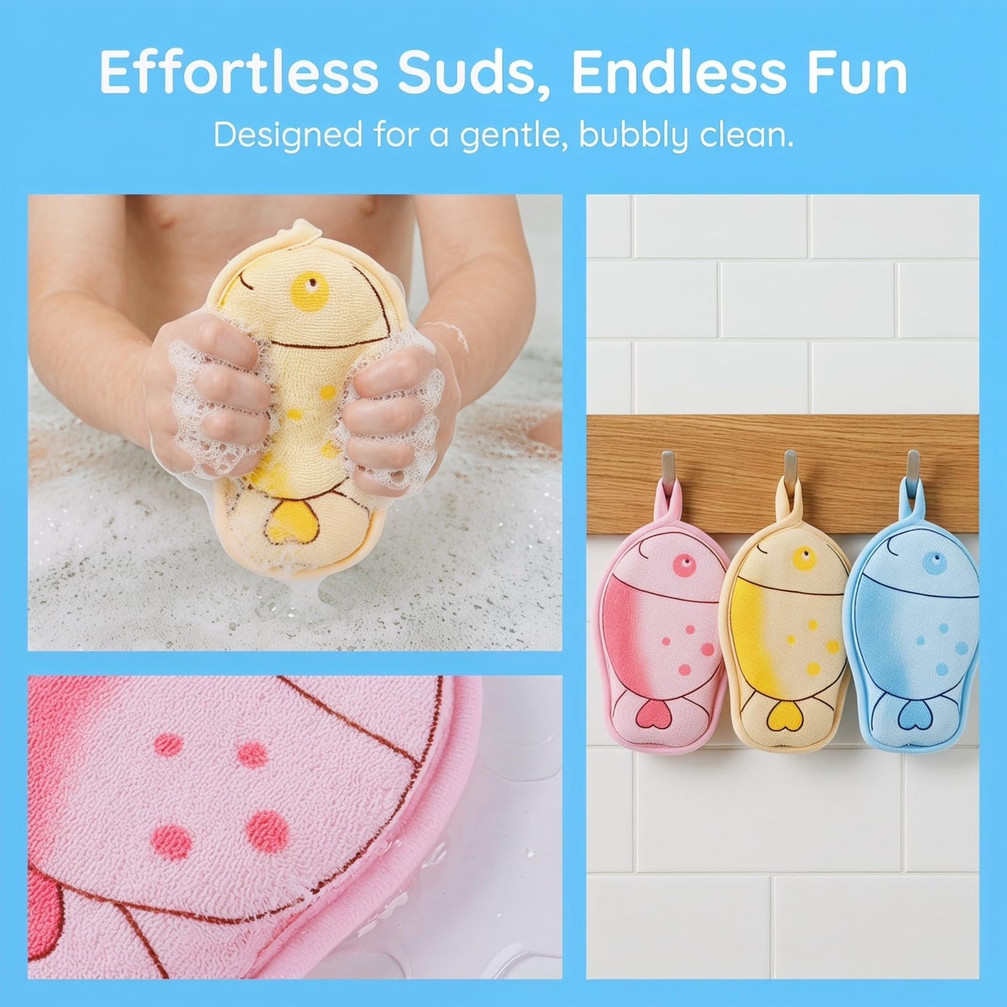 HAPINARY 3Pcs Bath Sponge Cartoon Fish Design Soft Breathable Shower Scrubber for Newborns Boy Girl Skin-Friendly Polyester Cotton Material Beauty and Personal Care HAPINARY